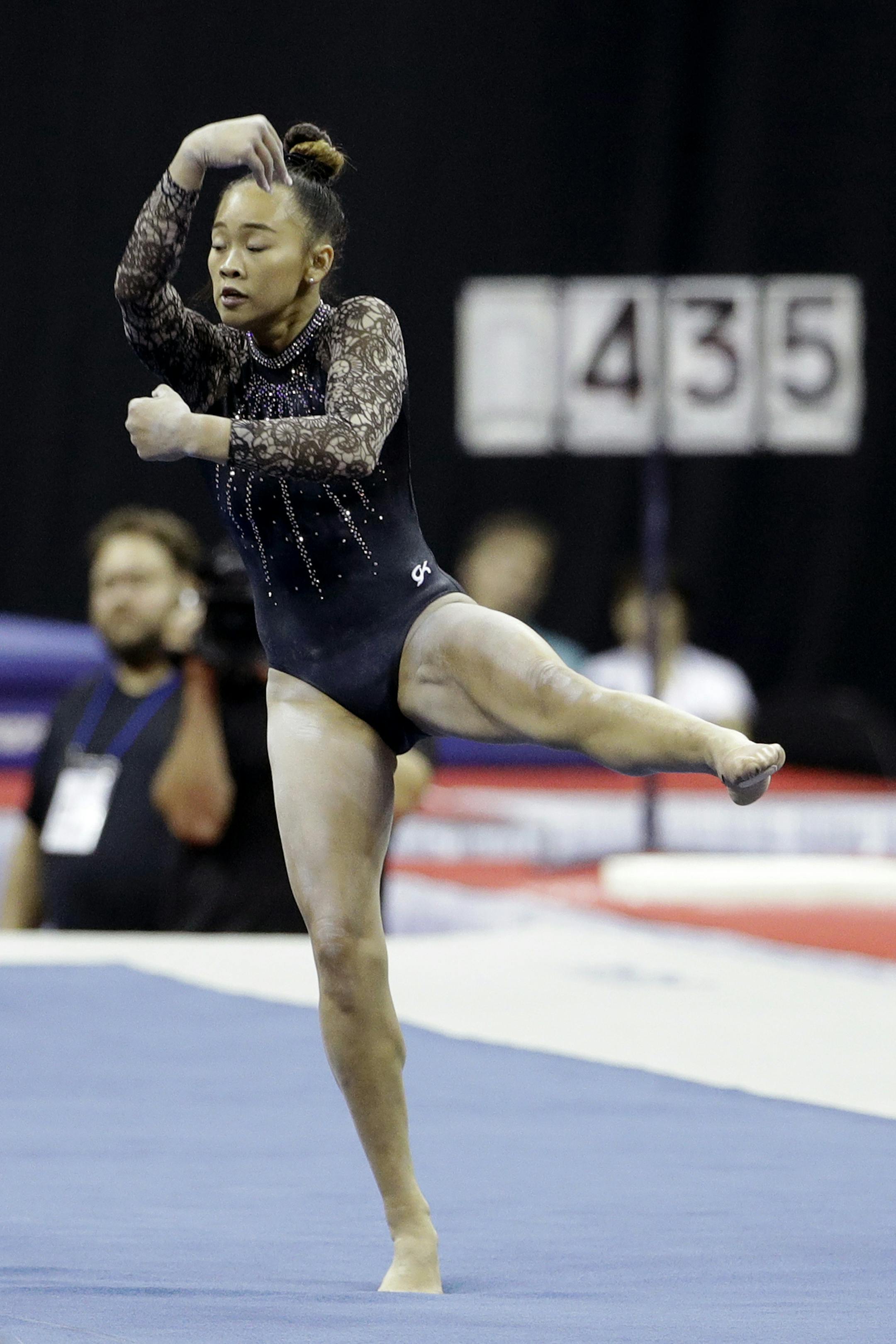 Sunisa Lee competes in the floor exercise during the senior women's competition at the 2019 U.S. Gymnastics Championships Sunday, Aug. 11, 2019, in Kansas City, Mo. Lee finished second in the all-around. (AP Photo/Charlie Riedel)