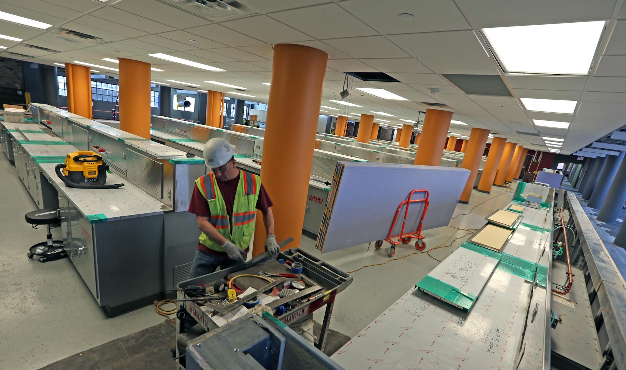 Workstations at the Liquid Lab area of the Valspar Applied Science and Technology Center building are close to being finished. Photographed on 1/3/14. The recovery in manufacturing has spawned many building projects across the state. The state reports 110 projects underway or recently completed, including 3M, Toro, DataCard, ProtoLabs and Valspar. Valspar is converting its old headquarters into a large research center with state of the art labs. The project (estimated to be nearly $30 million) i