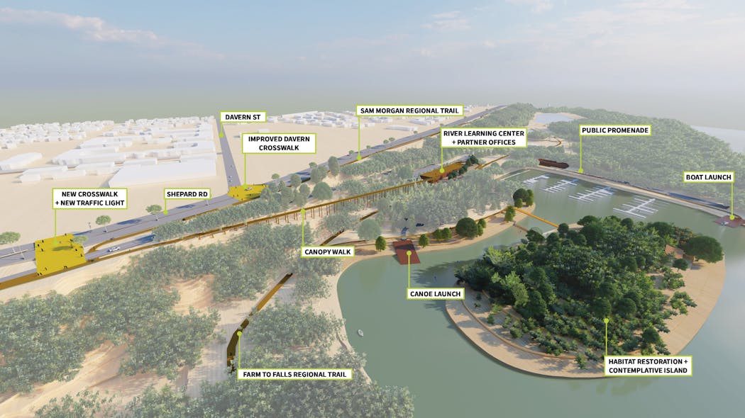 A rendering of designers' second option shows a view looking north into site with canopy walk to the river learning center's roof garden, which overlooks a new water channel.