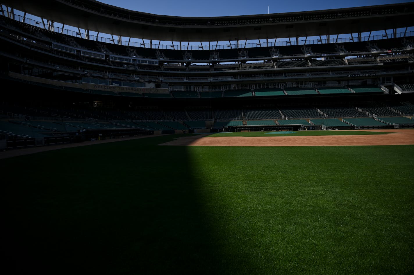 Target Field Friday afternoon. ] Aaron Lavinsky • aaron.lavinsky@startribune.com The grounds crew cut the grass at Target Field on Minneapolis, Minn. on Friday, March 27, 2020. ORG XMIT: MIN2003271613580279