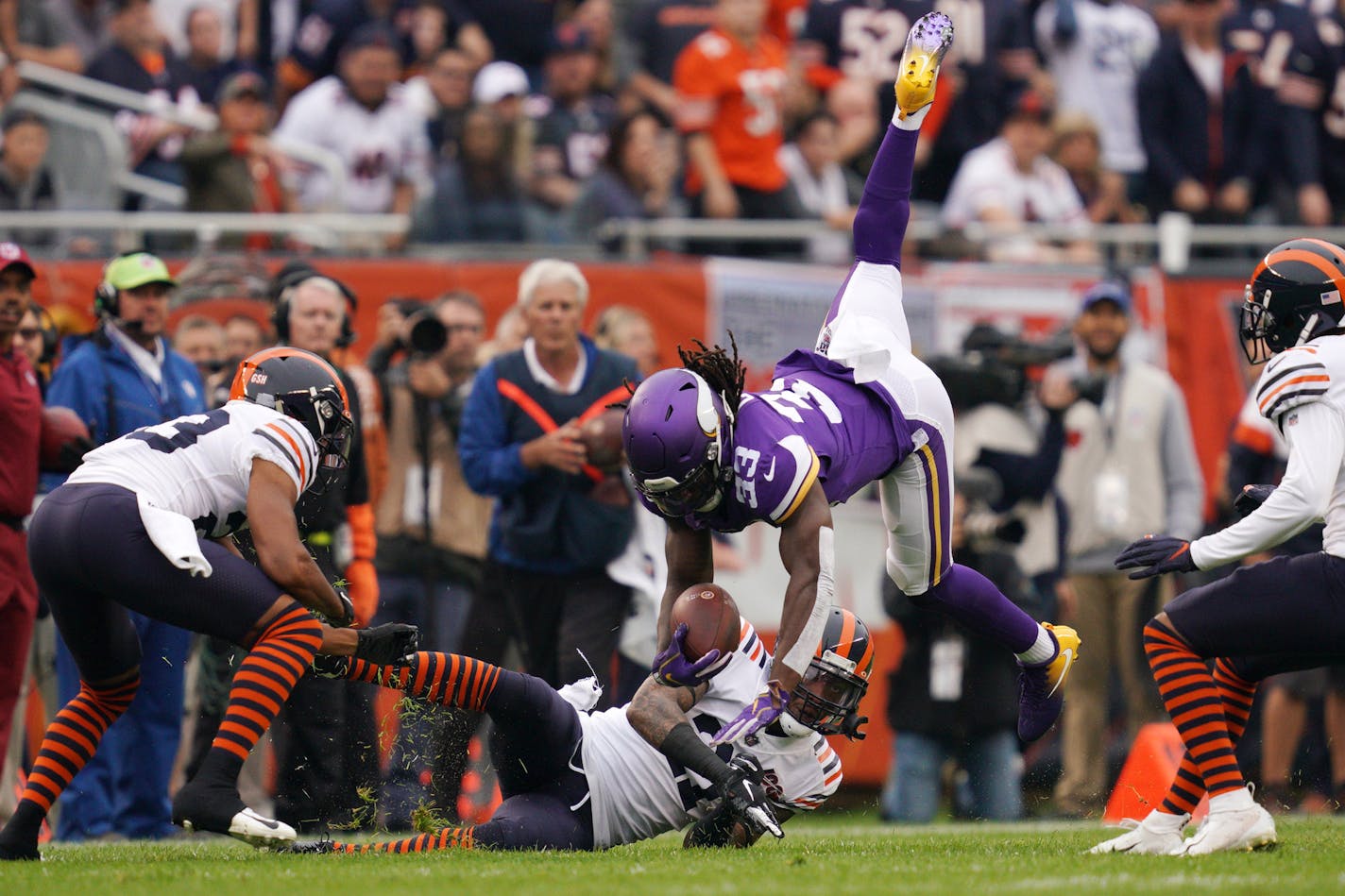 Minnesota Vikings running back Dalvin Cook (33) was brought down by Chicago Bears strong safety Ha Ha Clinton-Dix (21) in the first quarter. ] ANTHONY SOUFFLE &#x2022; anthony.souffle@startribune.com The Minnesota Vikings played the Chicago Bears in an NFL football game Sunday, Sept. 29, 2019 at Soldier Field in Chicago.