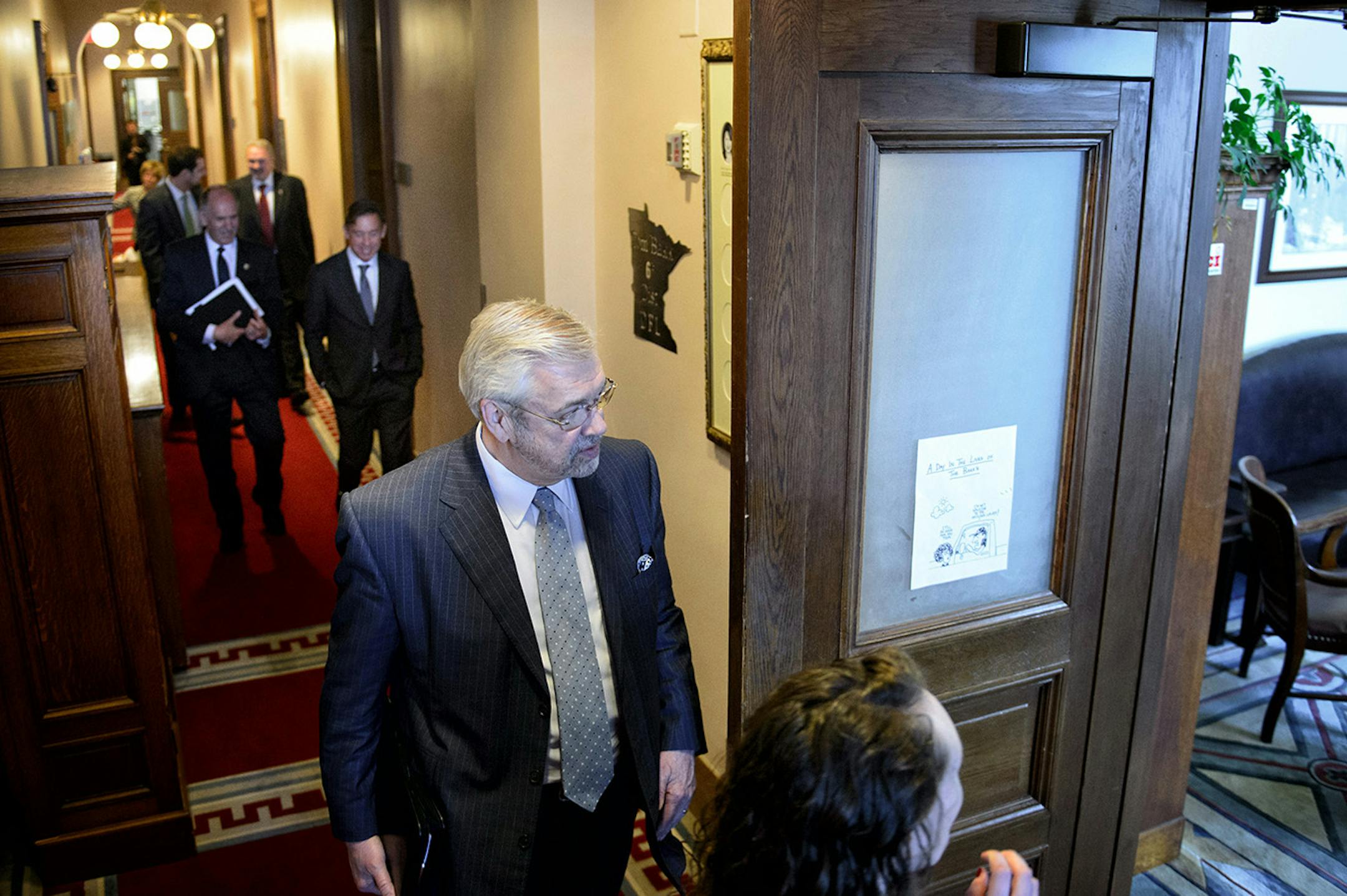 Dr. Bill McGuire made his way into Senate Majority Leader Tom Bakk's office for a meeting Tuesday afternoon.