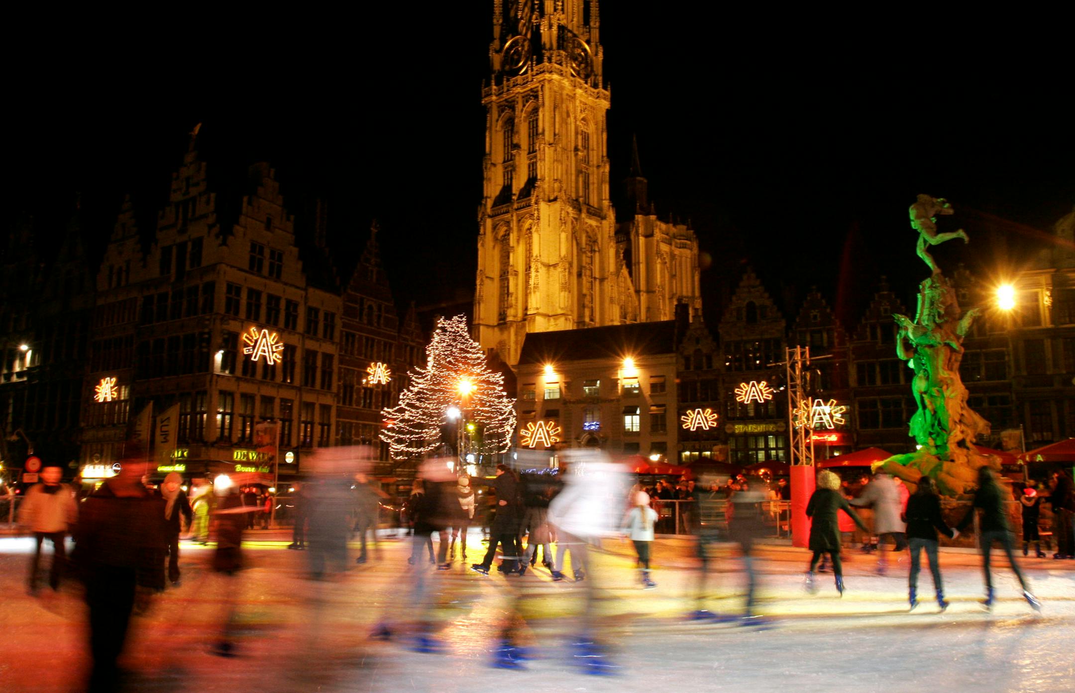 Skaters take to a rink in the historic center of Antwerp, Belgium. The city was chose the top city to visit in 2009 by the editors of Lonely Planet.