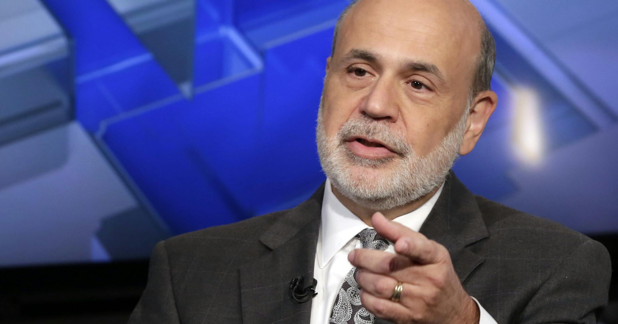 Former Federal Reserve Chairman Ben Bernanke is interviewed by Maria Bartiromo during her "Mornings with Maria Bartiromo" program, on the Fox Business Network, in New York, Tuesday, Oct. 6, 2015. Bernanke's book, "The Courage to Act: A Memoir of a Crisis and Its Aftermath," went on sale in bookstores Monday. (AP Photo/Richard Drew) ORG XMIT: NYRD116