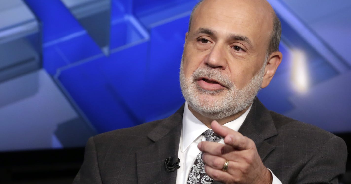 Former Federal Reserve Chairman Ben Bernanke is interviewed by Maria Bartiromo during her "Mornings with Maria Bartiromo" program, on the Fox Business Network, in New York, Tuesday, Oct. 6, 2015. Bernanke's book, "The Courage to Act: A Memoir of a Crisis and Its Aftermath," went on sale in bookstores Monday. (AP Photo/Richard Drew) ORG XMIT: NYRD116