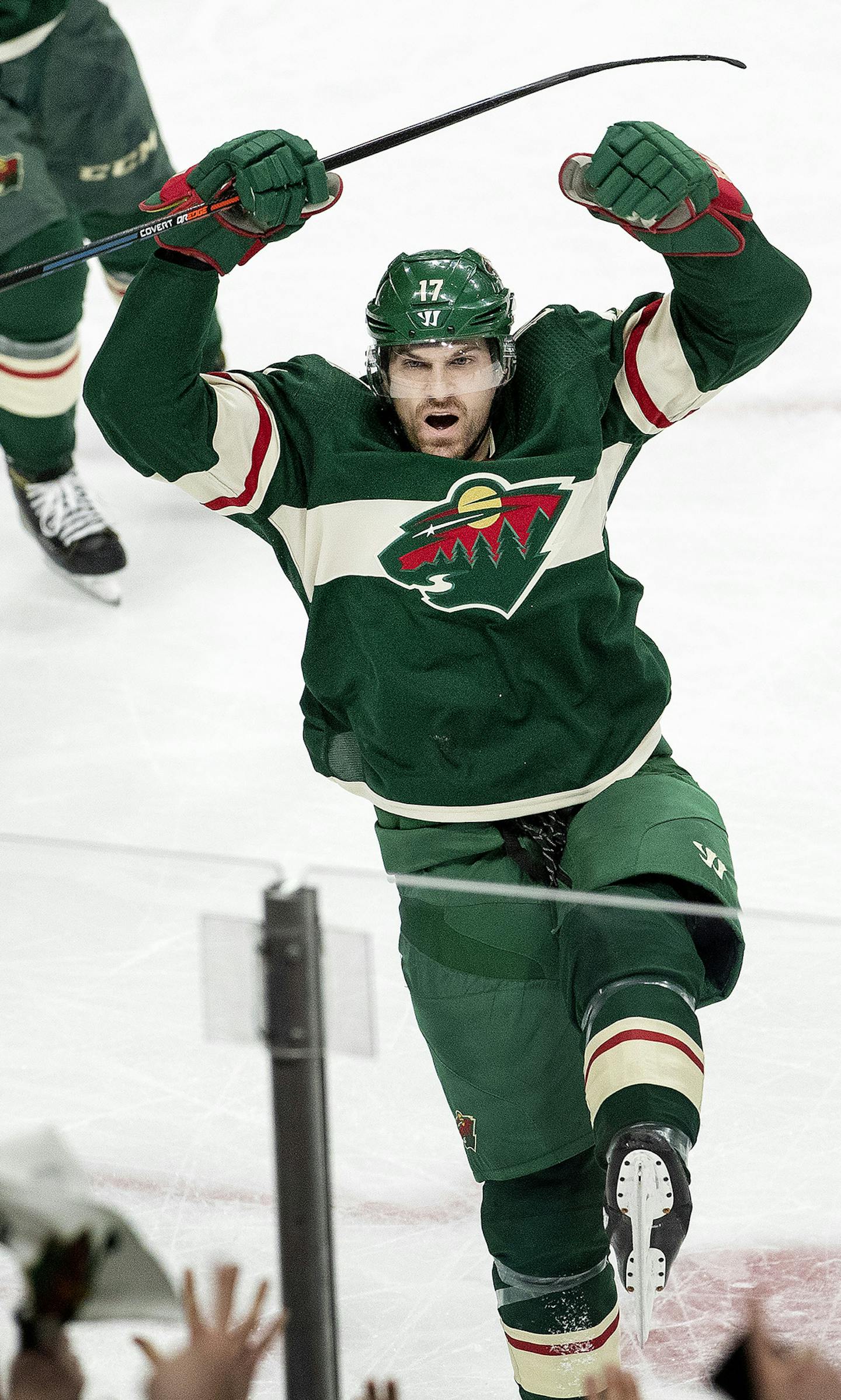 Minnesota Wild's Marcus Foligno (17) celebrates after scoring a goal in the second period against the Winnipeg Jets on Sunday, April 15, 2018 at Xcel Energy Center in Minneapolis, Minn. (Carlos Gonzalez/Minneapolis Star Tribune/TNS) ORG XMIT: 1228648