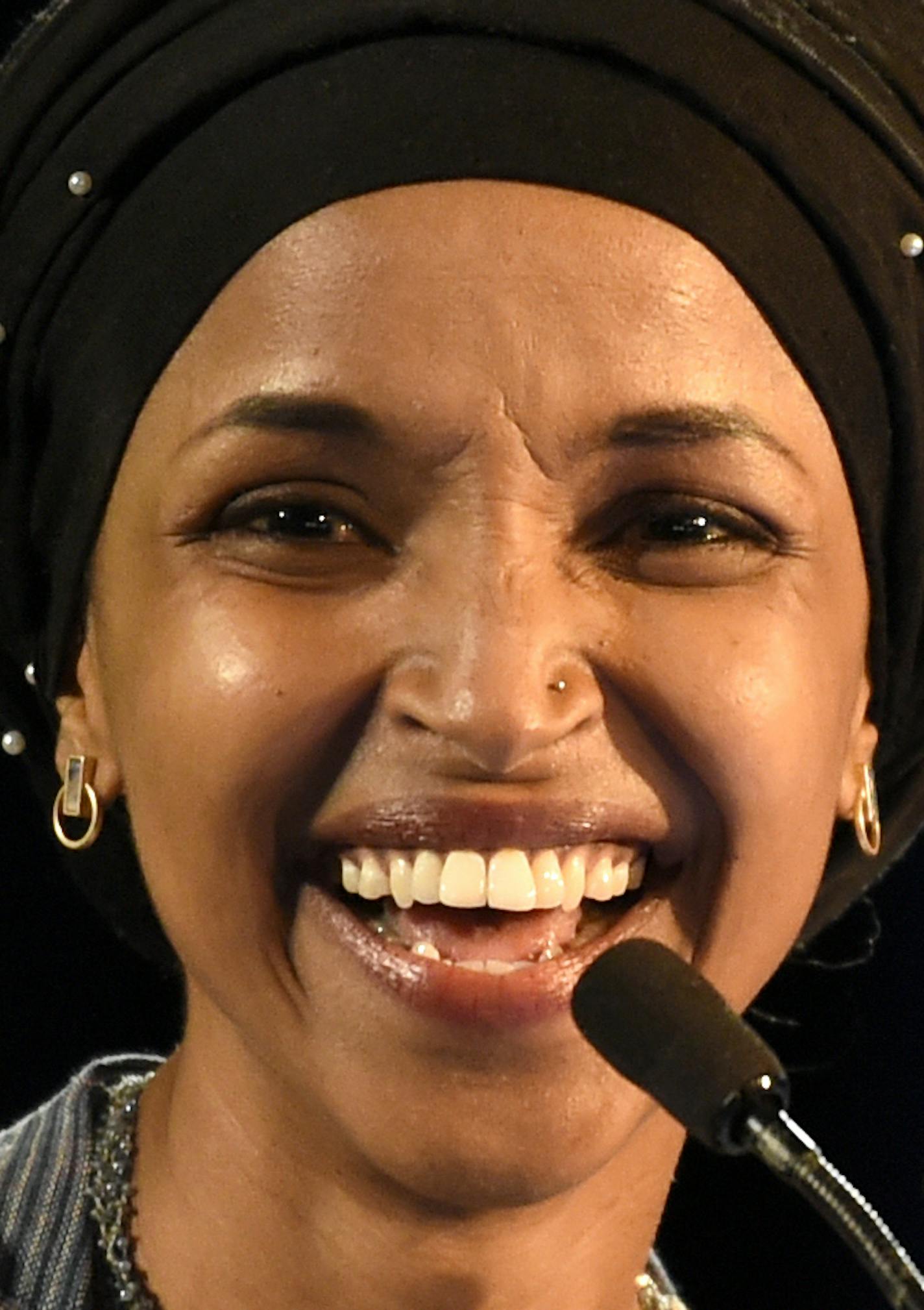 Democrat Ilhan Omar speaks after winning in Minnesota's 5th Congressional District race during the election night event held by the Democratic Party Tuesday, Nov. 6, 2018, in St. Paul, Minn. Omar became the first Somali-American &#xf3; and one of the first two Muslim women &#xf3; elected to Congress. Omar faced Republican Jennifer Zielinski in the Minneapolis-area district. (AP Photo/Hannah Foslien)