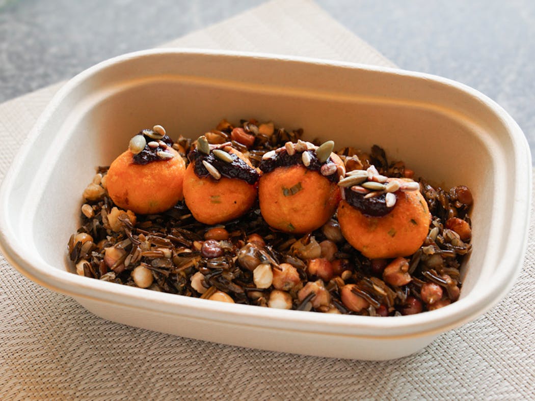 Nixtamal & Wild Rice Bowl with Wóžapi & Bison Meatballs or Sweet Potato Dumplings.