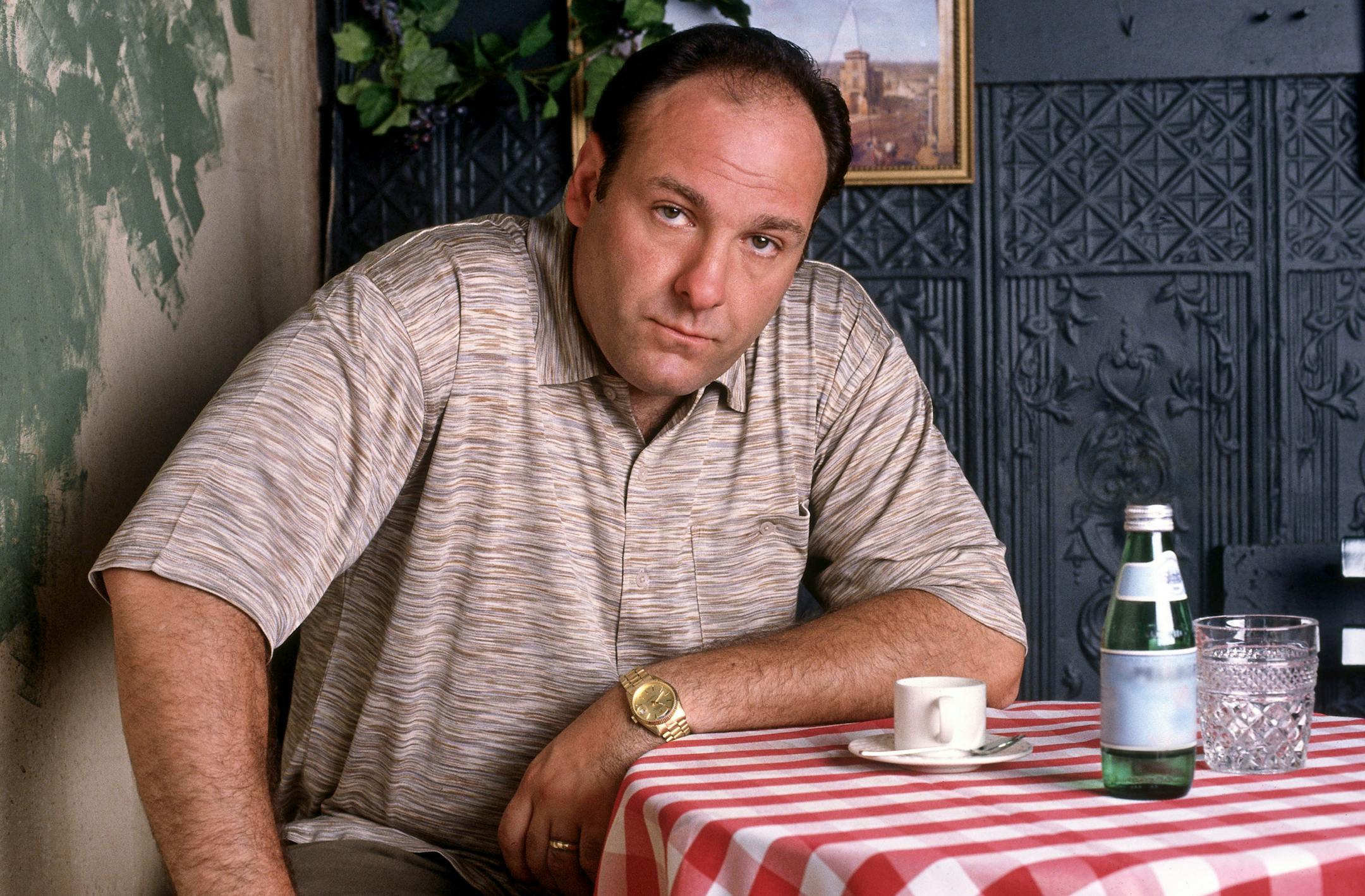 This 1999 photo, supplied by HBO, shows a younger-looking James Gandolfini ,who plays mob boss Tony Soprano, in an episode from the first season of the HBO cable television mob series, "The Sopranos." Sunday night, June 10, 2007, concludes the show's eight years of mob maneuvering, metaphor-laden dream sequences and mad exclamations of "Marone."
