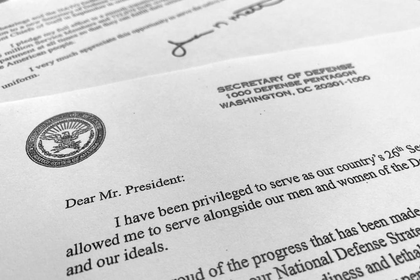 Part of Defense Secretary Jim Mattis' resignation letter to President Donald Trump is photographed in Washington, Thursday, Dec. 20, 2018. Mattis is stepping down from his post, Trump announced, after the retired Marine general clashed with the president over a troop drawdown in Syria and Trump's go-it-alone stance in world affairs.