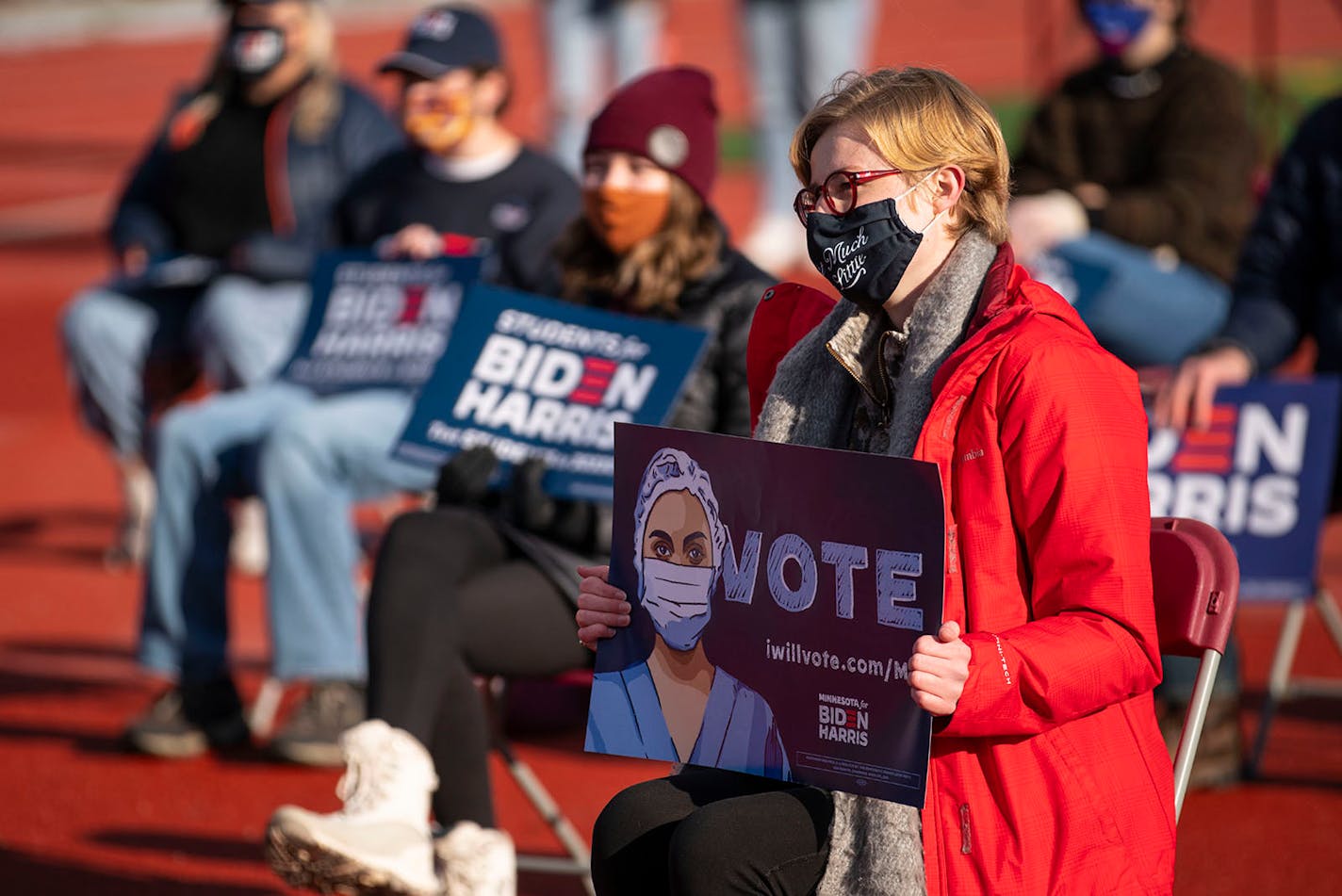 University of Minnesota Duluth students listened to Senator Amy Klobuchar speak on the school's track on Thursday during a Students Get Out the Vote mobilization event.