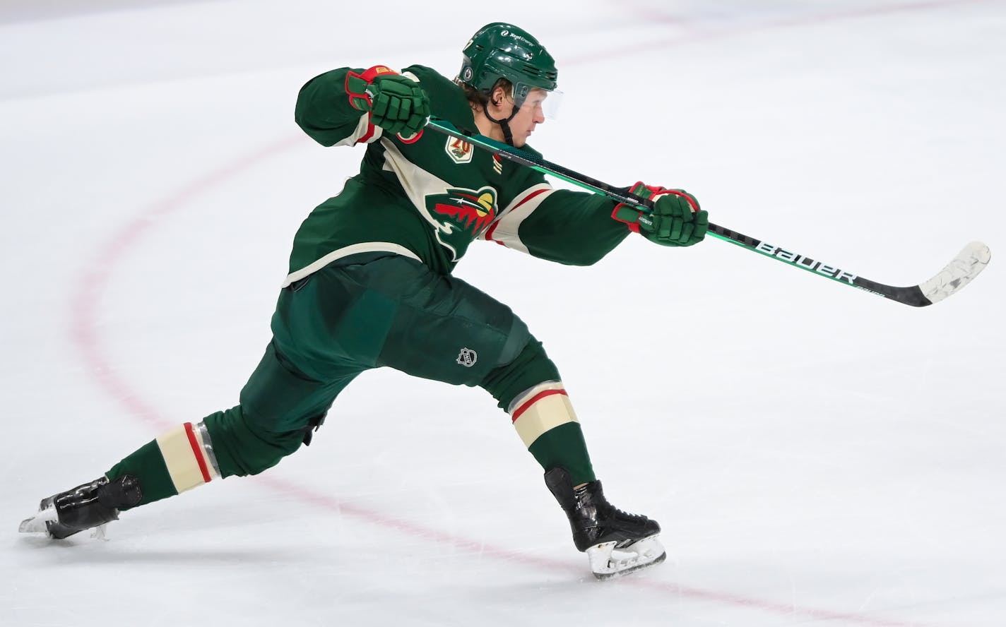 Minnesota Wild left wing Kirill Kaprizov (97) attempted a shot late in the first period against the Vegas Golden Knights.