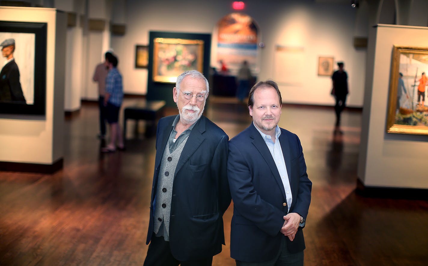 (Note: The art in the background is not that of the artist-was not up yet) Leon Huscha, left, and Vladimir von Tsurikov, right, at the Museum of Russian Art, Friday, June 3, 2016 in Minneapolis, MN. Born in a displaced persons camp in Austria shortly after WWII, Minneapolis painter Leon Huscha knew little of his Ukrainian past as a child. Over the years, however, he's explored it through travel and community though rarely if ever in his colorful Picasso-inspired modernist paintings. A selection