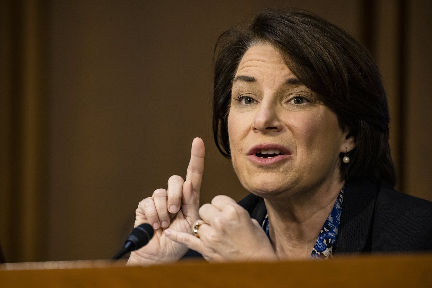 Sen. Amy Klobuchar, D-Minn., speaks during the confirmation hearing for Supreme Court nominee Amy Coney Barrett, before the Senate Judiciary Committee, Thursday, Oct. 15, 2020, on Capitol Hill in Washington. (Samuel Corum/Pool via AP)