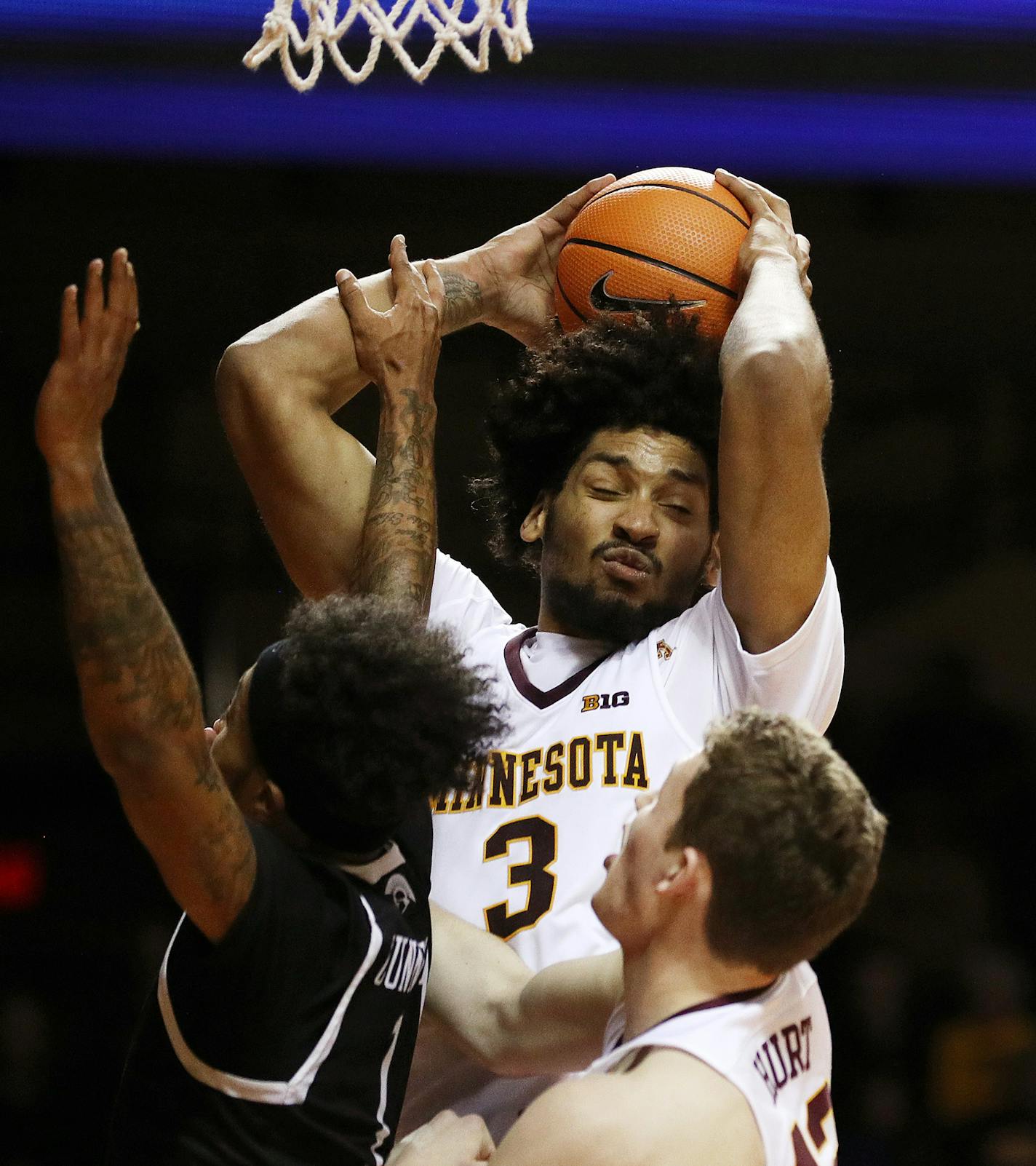 Minnesota Golden Gophers forward Jordan Murphy (3) grabbed a rebound in the first half. ] ANTHONY SOUFFLE &#xef; anthony.souffle@startribune.com Game action from an NCAA basketball game between the Minnesota Golden Gophers and the USC Upstate Spartans Friday, Nov. 10, 2017 at Williams Arena in Minneapolis.