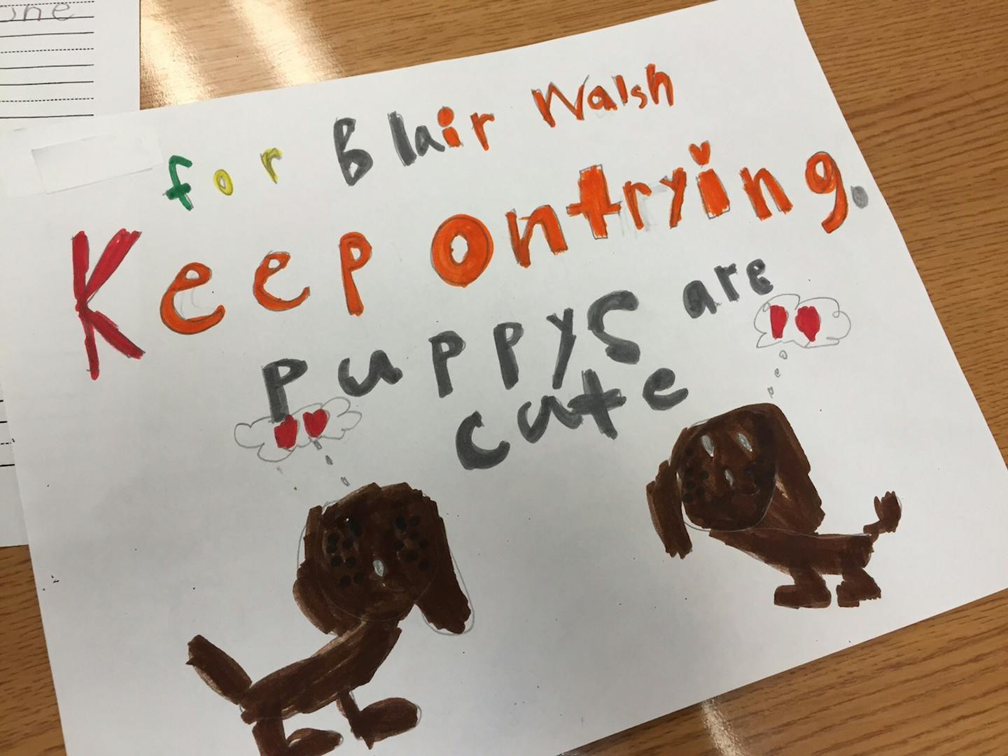 One of the letters sent by Judie Offerdahl's first-grade class at Northpoint Elementary to Vikings kicker Blair Walsh.