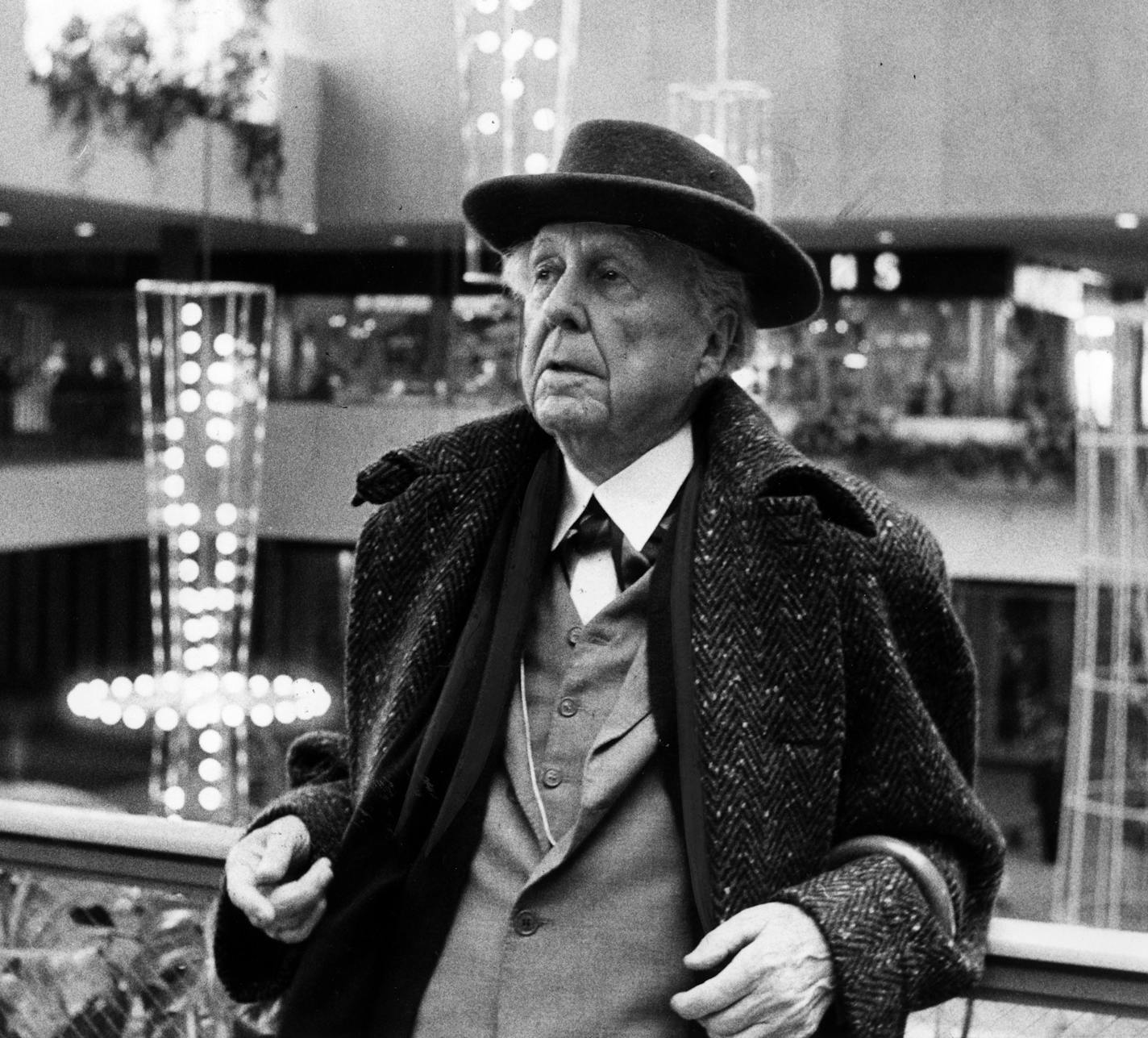 Credit: Paul Siegel, Minneapolis Tribune Date originally published: Nov. 28, 1956 Caption: Frank Lloyd Wright toured Minneapolis Tuesday and the city came out second best. Among the places he visited were Prudential Insurance Coo. Building, Southdale shopping center and the city&#x201a;&#xc4;&#xf4;s lakes. On the lakes and weather, he commented: &#x201a;&#xc4;&#xfa;Minneapolis is just too far north.&#x201a;&#xc4;&#xf9; Photo shows him examining the interior of Southdale, which he criticized shar