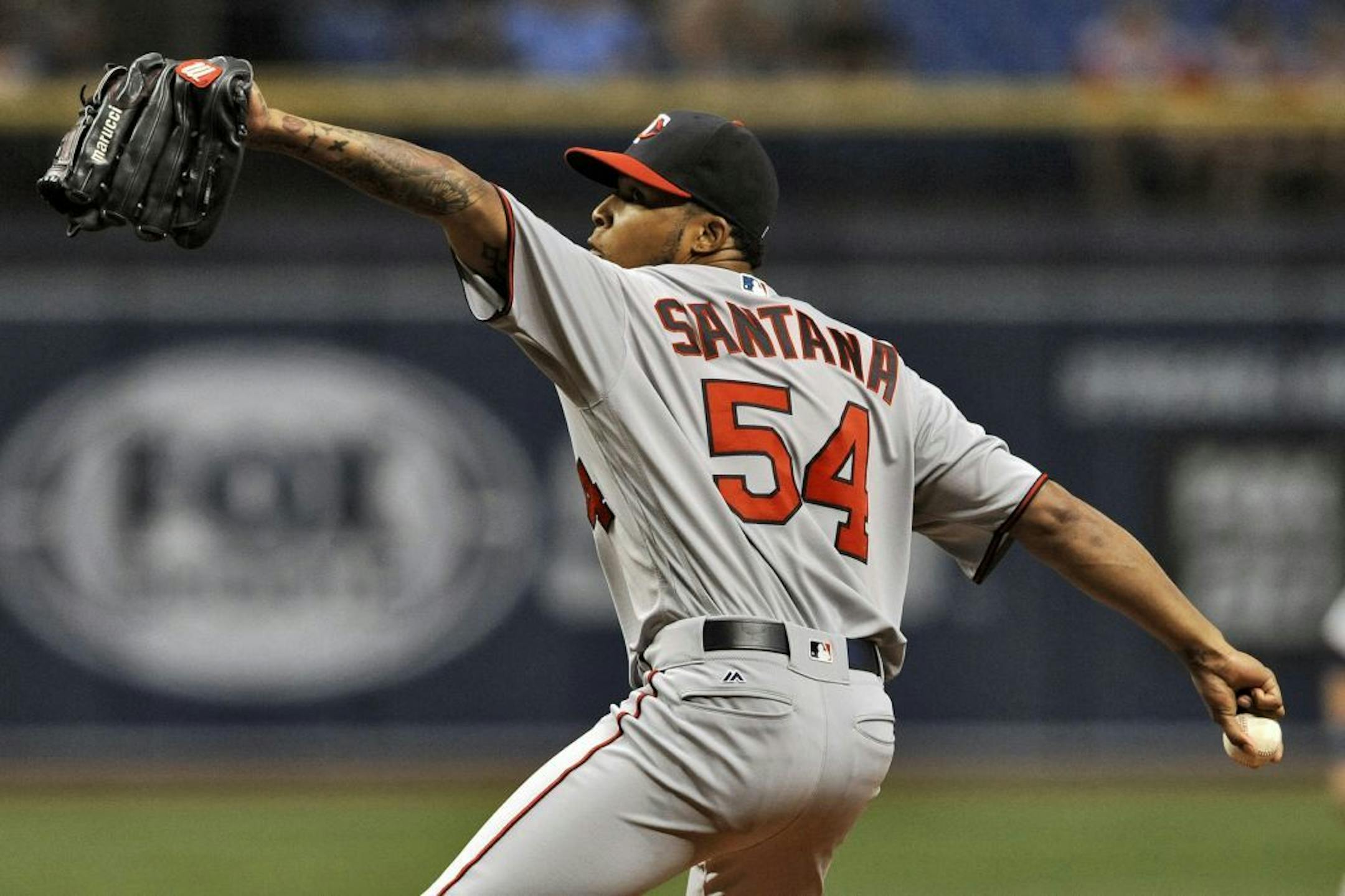 Minnesota Twins starter Ervin Santana pitches against the Tampa Bay Rays during the first inning of a baseball game Friday, Aug. 5, 2016, in St. Petersburg, Fla.