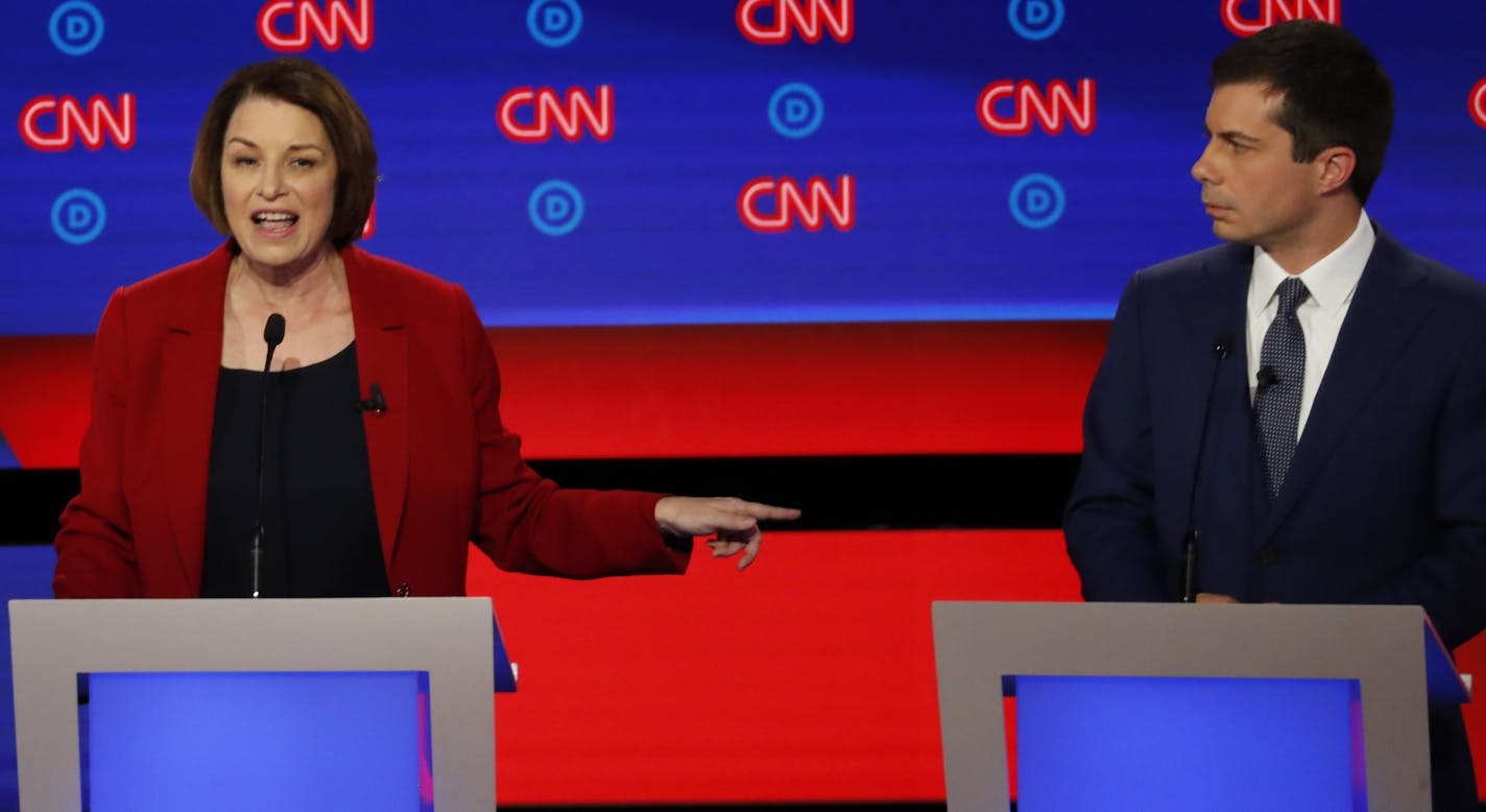 Sen. Amy Klobuchar, D-Minn., and South Bend Mayor Pete Buttigieg participate in the first of two Democratic presidential primary debates hosted by CNN Tuesday, July 30, 2019, in the Fox Theatre in Detroit.