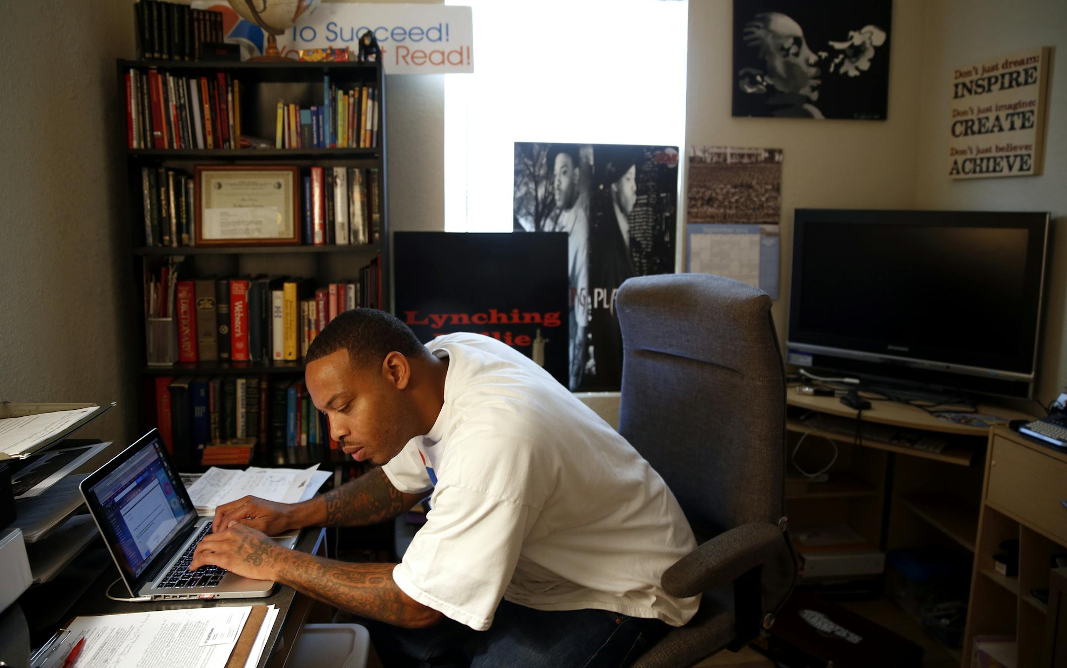 Albert Joseph Briscoe works inside his home office in Minneapolis out of which he runs his nonprofit To Succeed You Must Read. ] LEILA NAVIDI leila.navidi@startribune.com / BACKGROUND INFO: Friday, October 3, 2014. Albert Joseph Briscoe officially got off parole September, 28, 2014 and has been out of prison since June 2012. Briscoe, a member of the Vice Lords gang, has founded a literacy program called To Succeed You Must Read and has written several books.