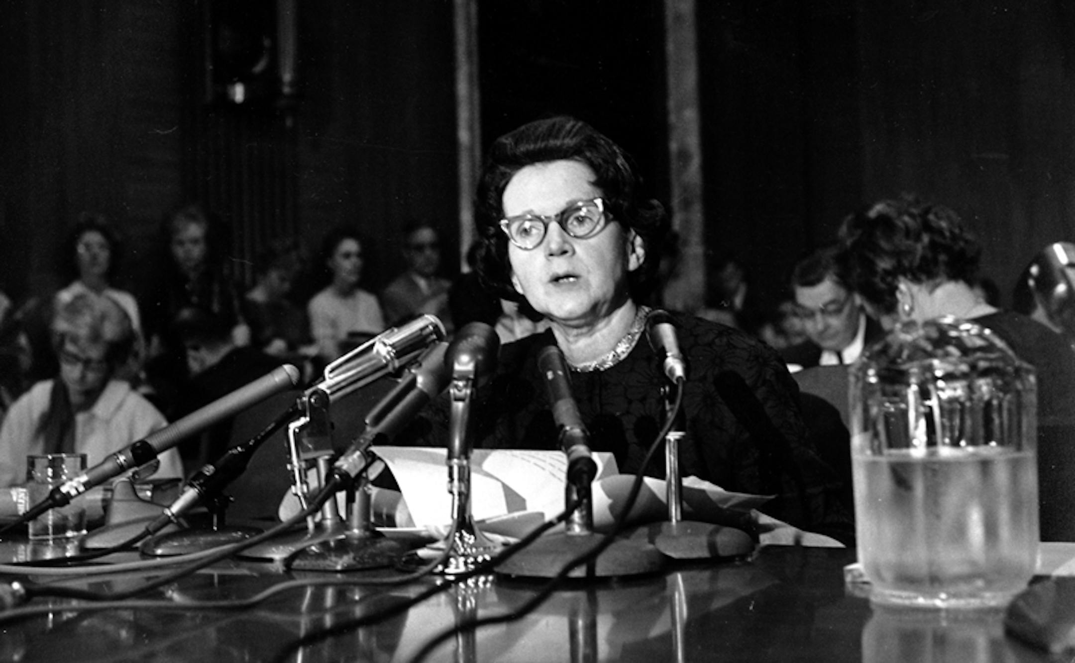 Activist and author Rachel Carson, whose book "Silent Spring" led to a study of pesticides, testifies before a Senate Government Operations Subcommittee in Washington, D.C. on June 4, 1963. Carson urged Congress to curb the sale of chemical pesticides and aerial spraying. (AP Photo)