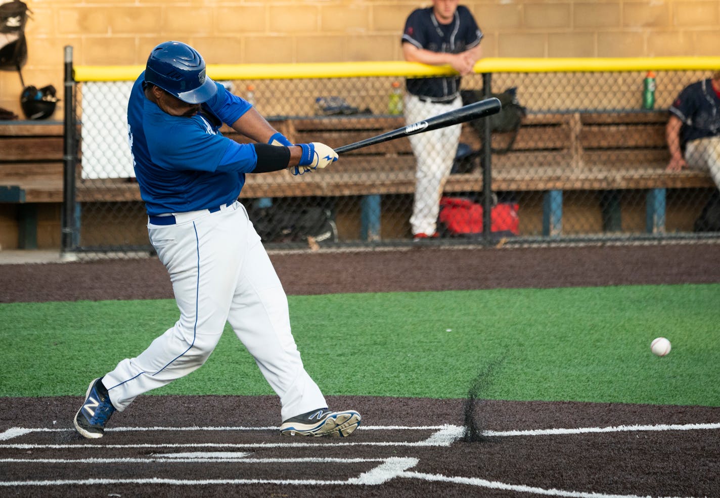 Minnetonka Millers player Mike Davis got an RBI during a game against the TC Saints at Veteran's Field in Minnetonka, Minn., on Monday, July 6, 2020. ] RENEE JONES SCHNEIDER renee.jones@startribune.com