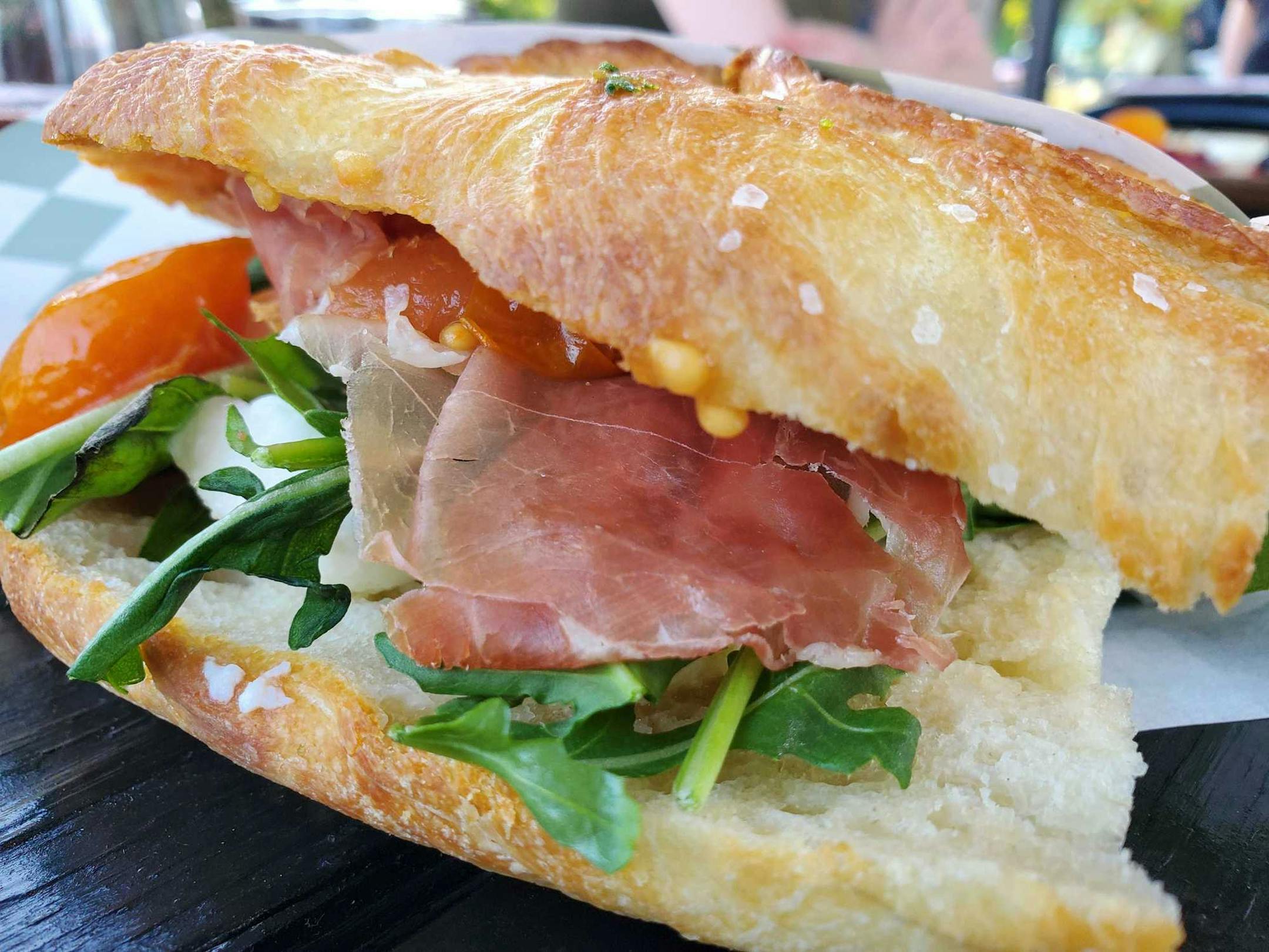 Focaccia with prosciutto and buffalo mozzarella at Due Focacceria in St. Paul