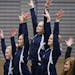 Left to right, Champlin Park's Kayla Uzzell, Taylor Guckeen, Liz Hammond, Amanda Cunningham and Coon Rapids' Kali Lawerence wave from the podium of th