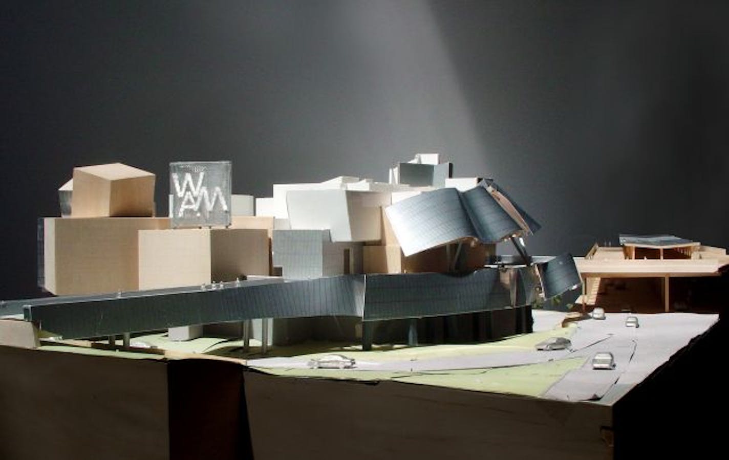 An architect's model of the Weisman Art Museum's expansion, viewed from the northeast side.