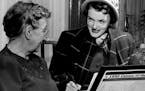 March 30, 1950 Census Taking Practice Run -- Census Enumerator Margaret Crahan, 3633 Third avenue S., at right, questions Mrs. Minnie Tinberg 3438 Nic