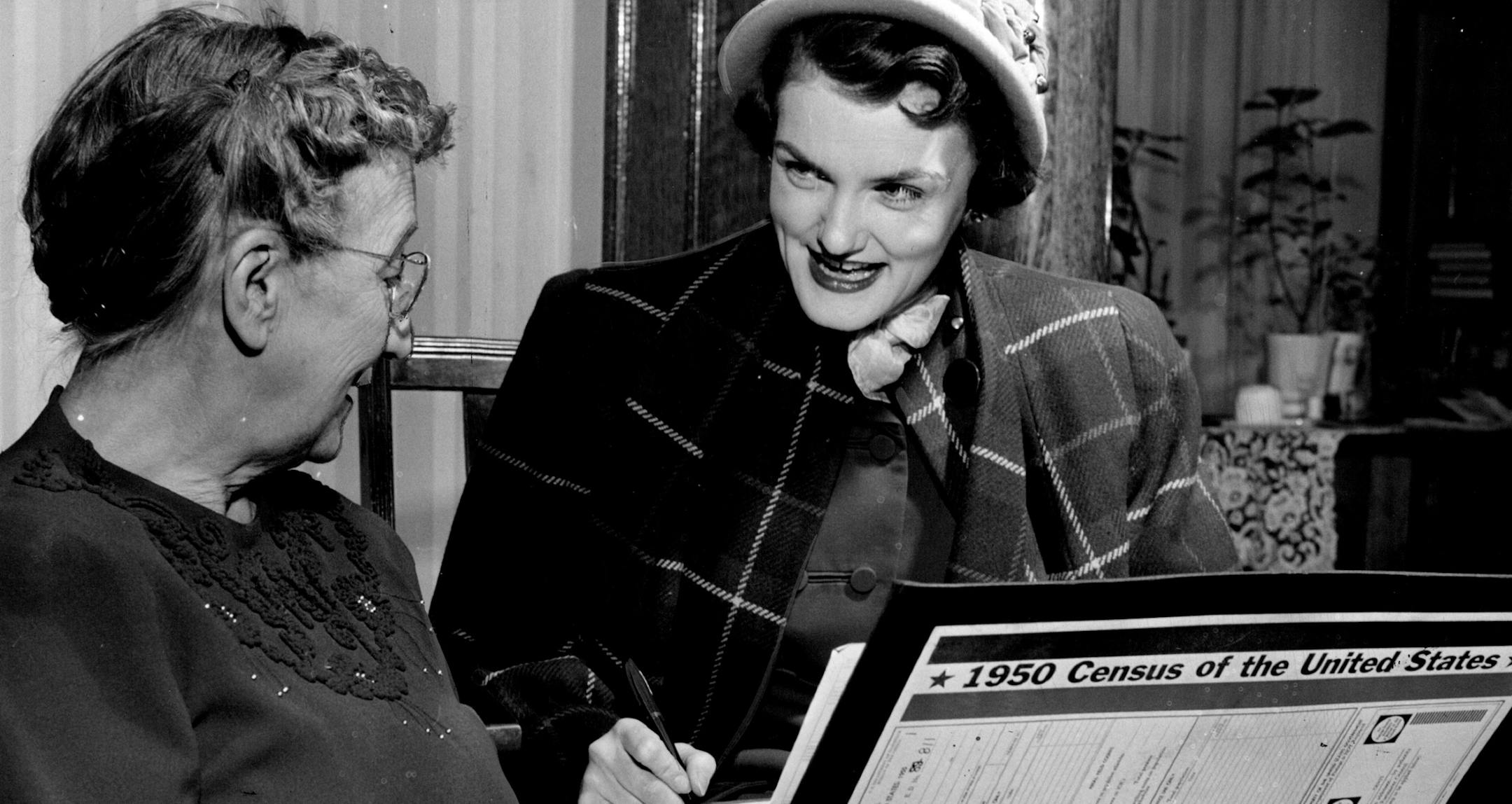 March 30, 1950 Census Taking Practice Run -- Census Enumerator Margaret Crahan, 3633 Third avenue S., at right, questions Mrs. Minnie Tinberg 3438 Nicollet avenue, during a "test run" today. March 31, 1950 Minneapolis Star Tribune