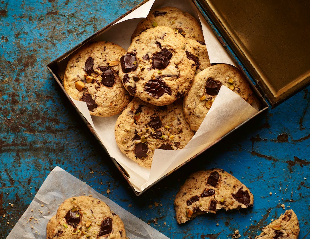 The recipe for Chocolate, Pistachio and Cardamom Cookies from “Chetna’s Easy Baking,” by Chetna Makan (Hamlyn, 2022) is vegan, but feel free to substitute standard ingredients.
