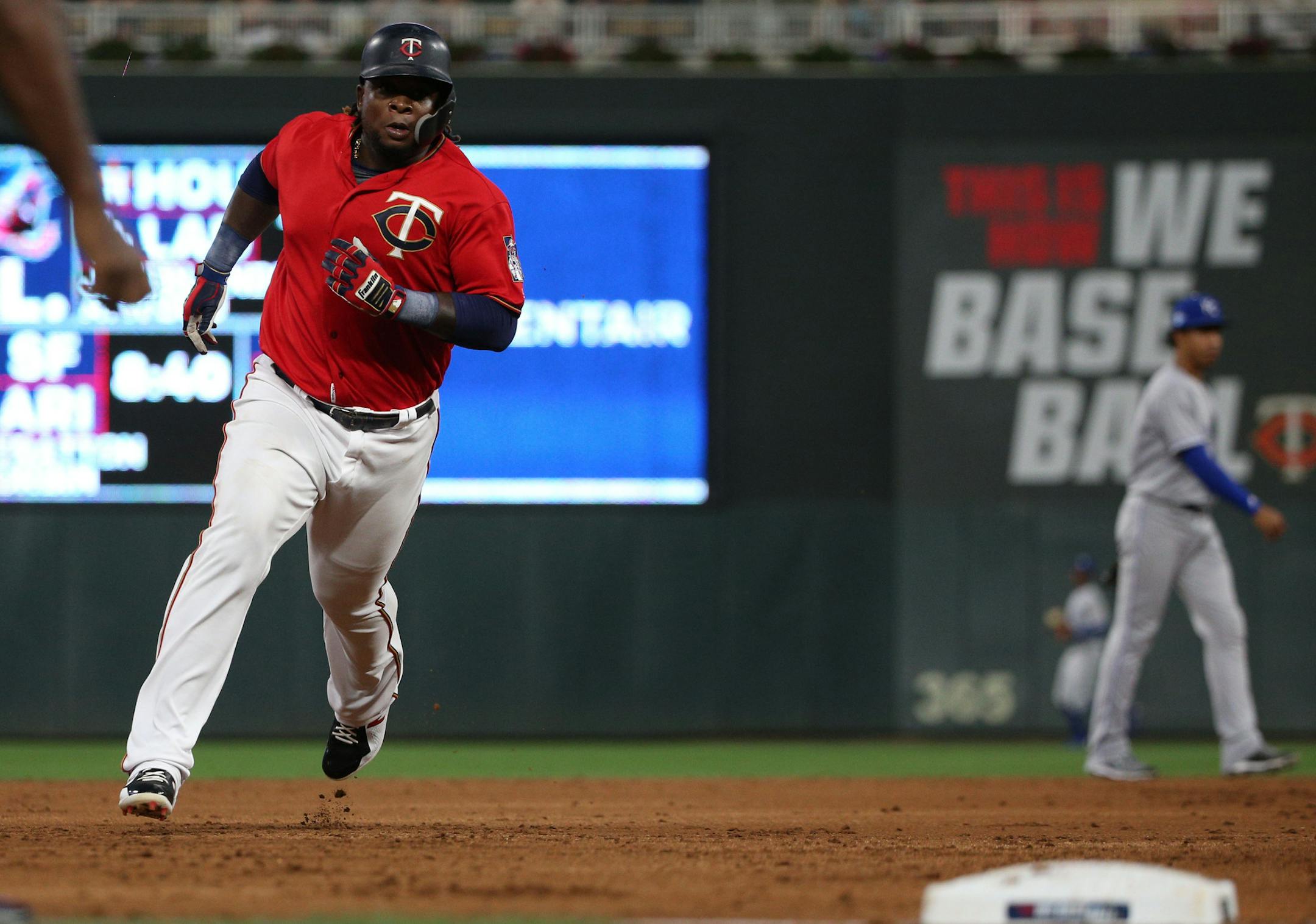 Minnesota Twins third baseman Miguel Sano (22) runs towards third base. ] ALEX KORMANN &#xa5; alex.kormann@startribune.com The Minnesota Twins took on the Kansas City Royals Friday night, August 3, 2018. At the bottom of the third inning the Twins had a 3-1 led by San&#x203a; and Mauer's RBI single and doubles, respectively.