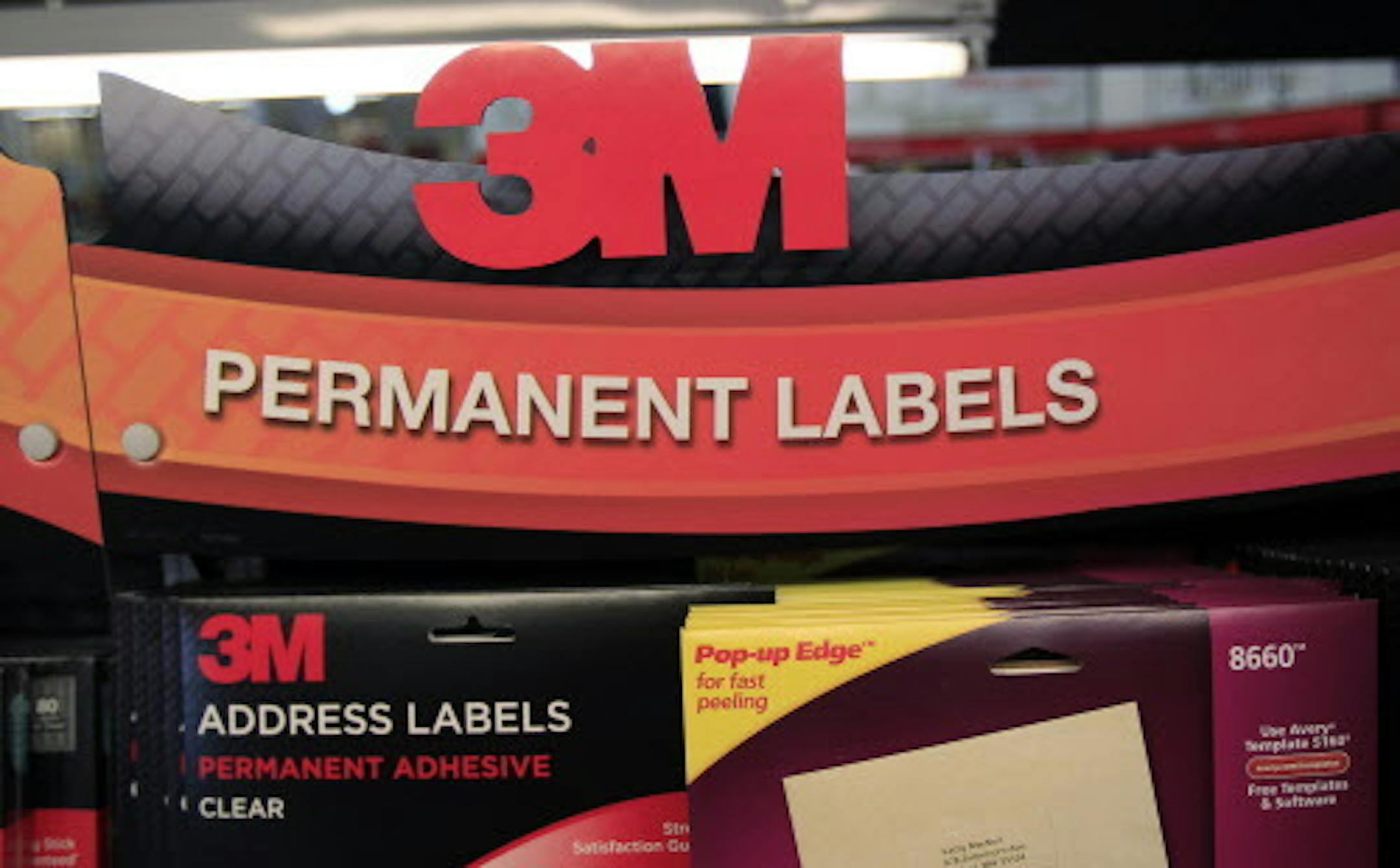 FILE - In this April 25, 2012 file photo, 3M's address labels are displayed for sale at Office Depot in Mountain View, Calif. 3M Co., the iconic maker of Post-Its and Scotch Tape, said Thursday, July 26, 2012 that it managed a slim increase in second-quarter earnings as cost-cutting offset a revenue shortfall. (AP Photo/Paul Sakuma, File)