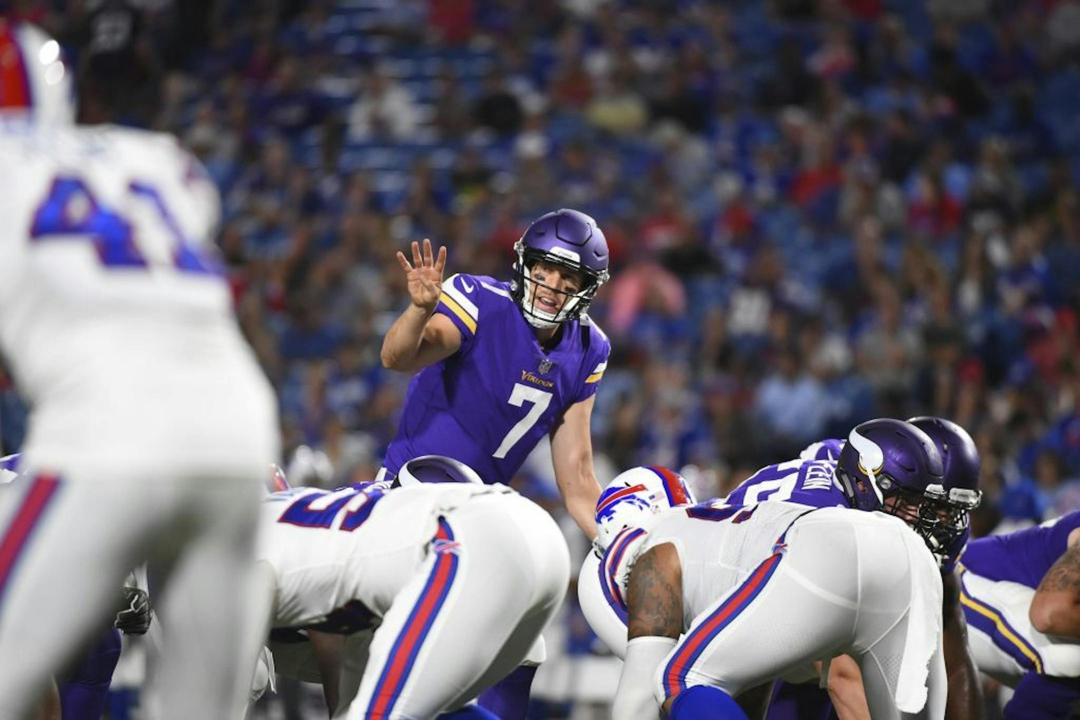 Minnesota Vikings quarterback Case Keenum calls out to teammates at the line of scrimmage.
