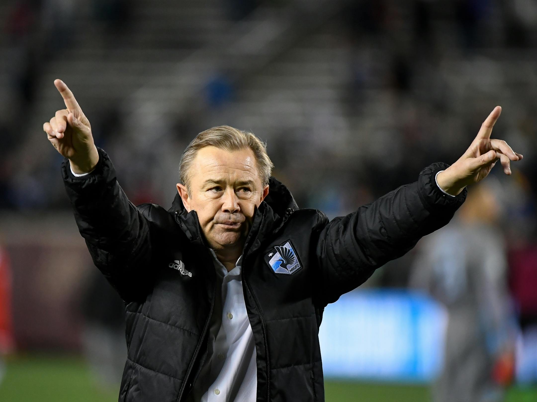 Minnesota United head coach Adrian Heath gestured to fans following his team's 0-1 loss to the San Jose Earthquakes.