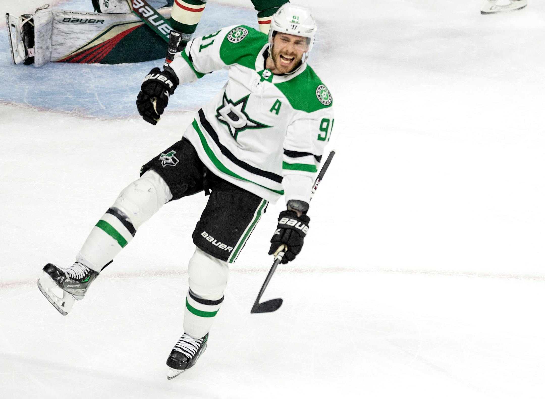 Tyler Seguin (91) of the Dallas Stars celebrates a goal in the third period.