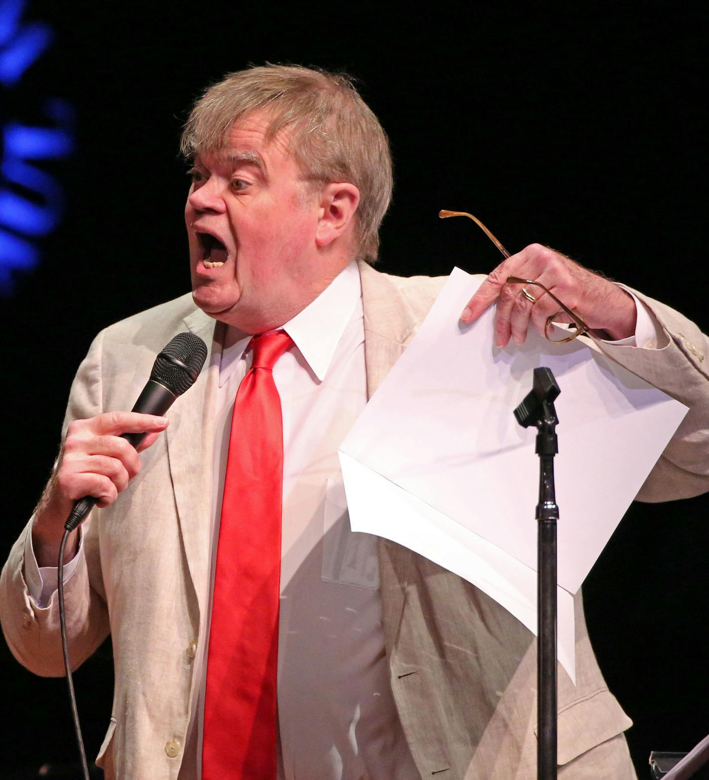 Garrison Keillor became animated near the start of his final Prairie Home Companion" Saturday, Feb. 27, 2016, at the Fitzgerald Theatre in St Paul, MN.](DAVID JOLES/STARTRIBUNE)djoles@startribune.com Garrison Keillor may not be saying goodbye to "Prairie Home Companion" just yet, but Saturday night's show will be his last at the Fitzgerald Theatre.