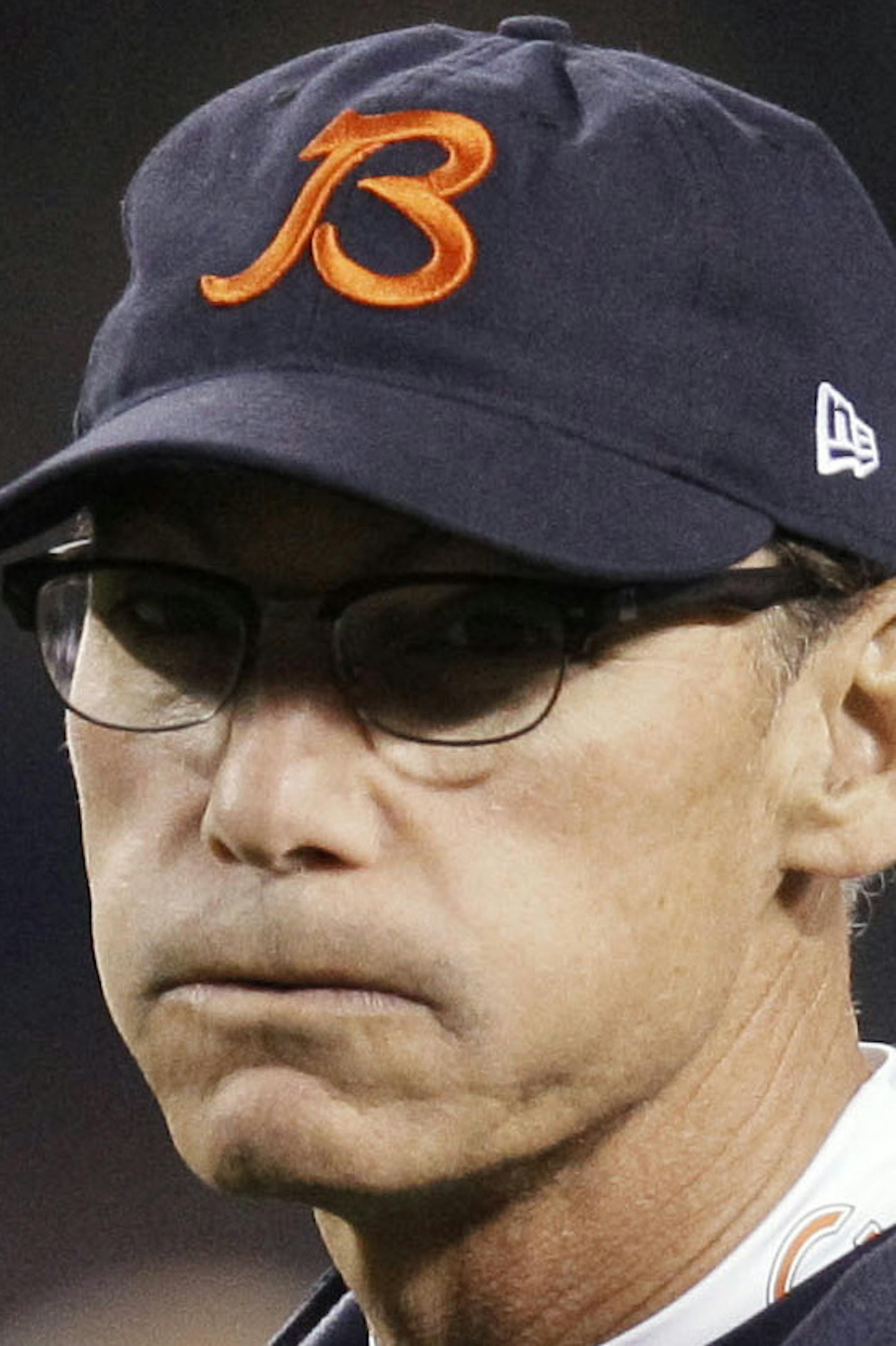 Chicago Bears coach Marc Trestman watches his team warm up for an NFL football game against the New York Giants, Thursday, Oct. 10, 2013, in Chicago. (AP Photo/Nam Y. Huh)