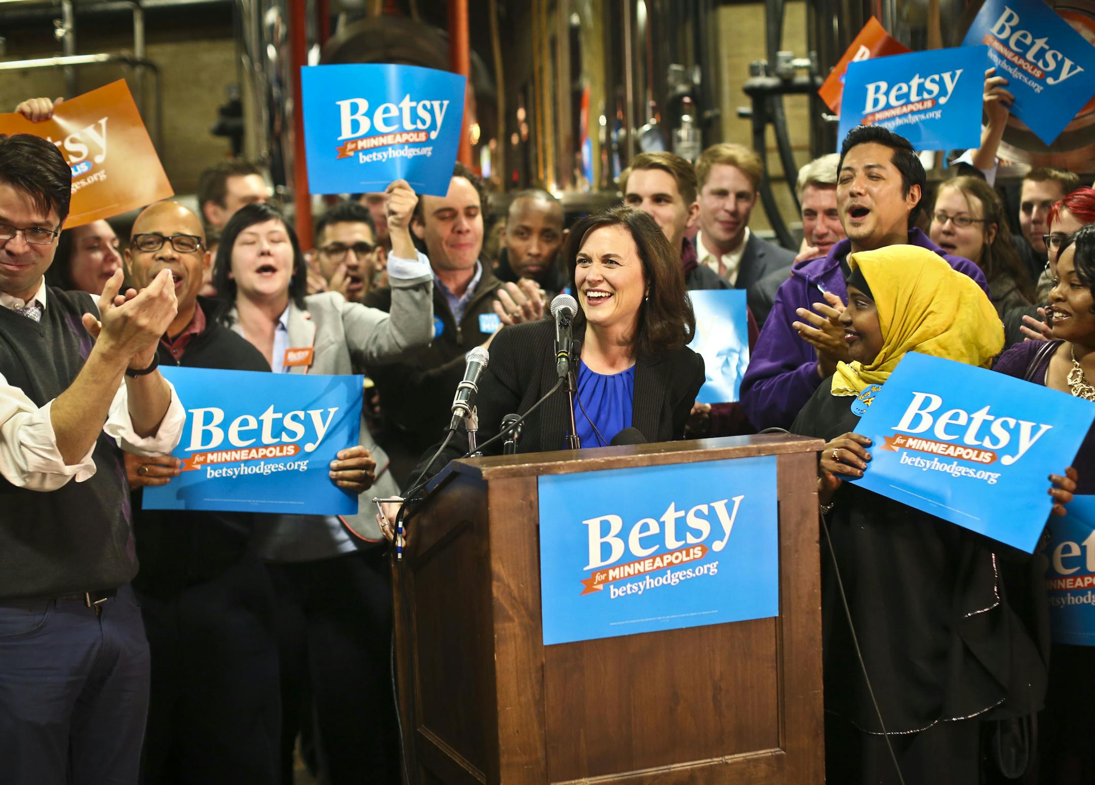 Betsy Hodges emerged Wednesday night to thank supporters amid a celebratory atmosphere at 612 Brew in northeast Minneapolis.