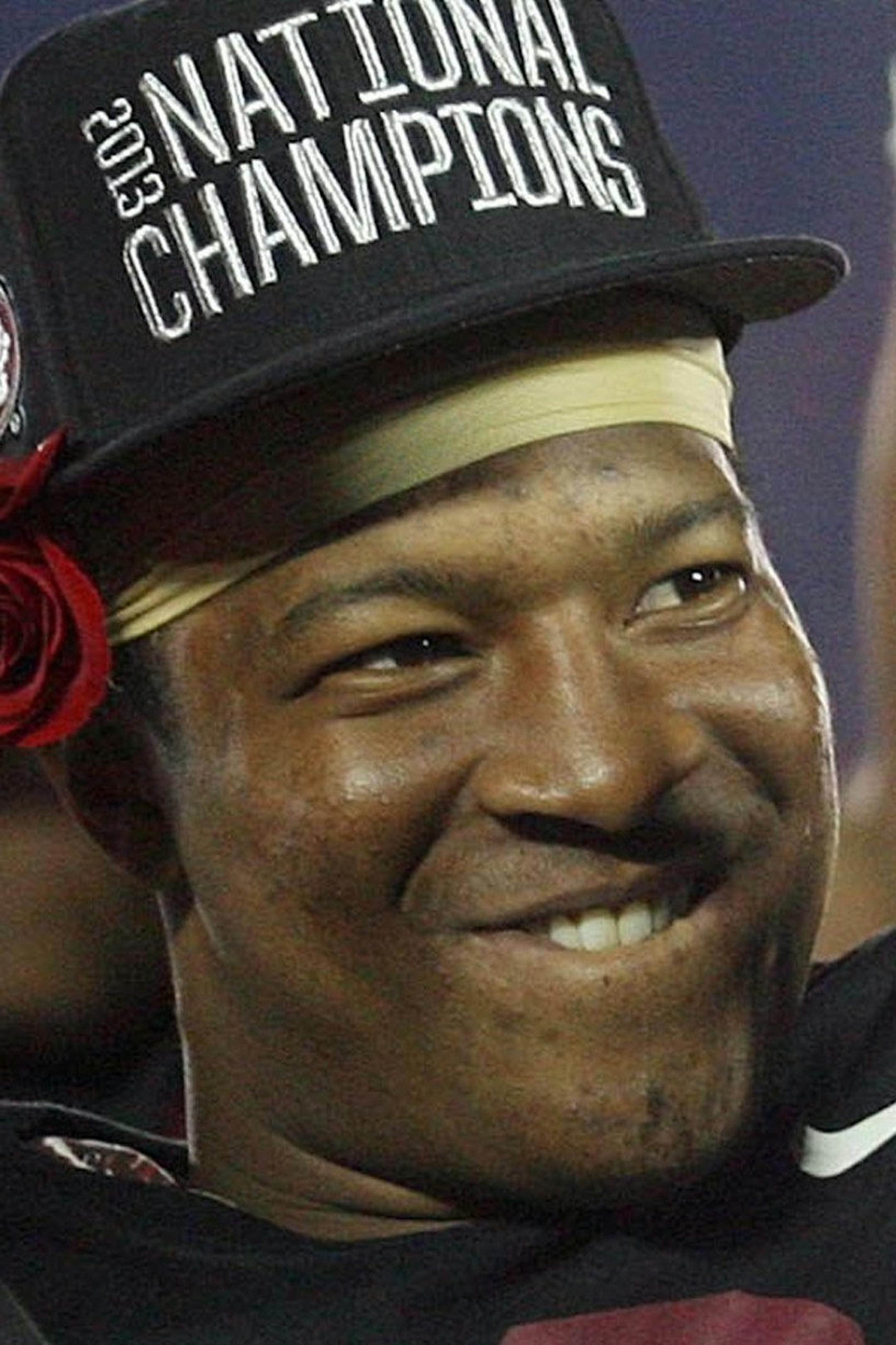Florida State quarterback Jameis Winston celebrates afte the Seminoles win the BCS National Championship game against the Auburn Tigers at the Rose Bowl in Pasadena, Calif., on Monday, Jan. 6, 2014. FSU won, 34-31. (Stephen M. Dowel/Orlando Sentinel/MCT)