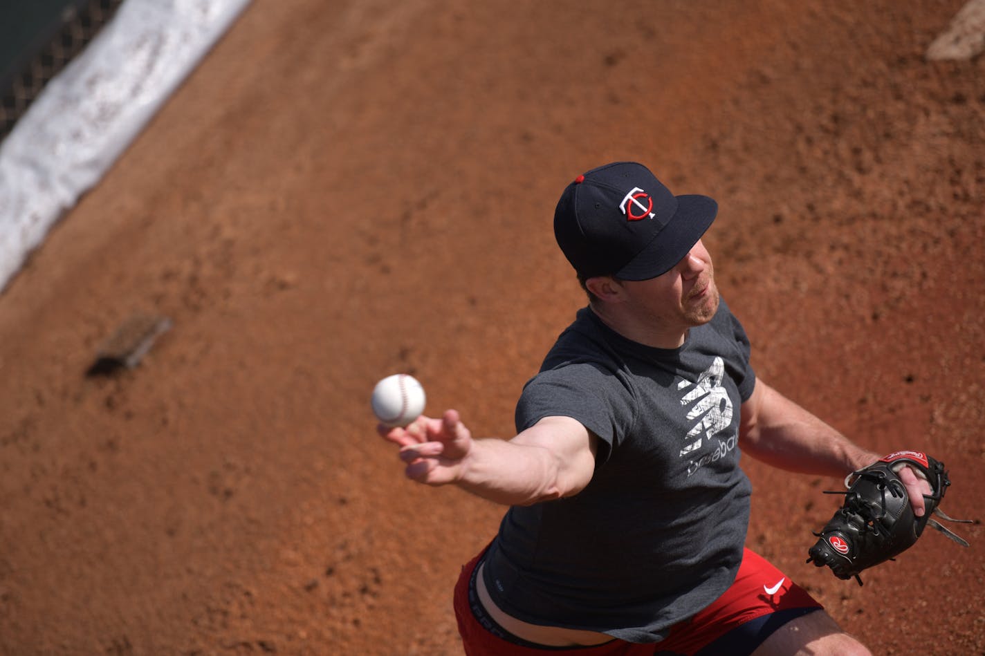 Twins pitcher Trevor May warmed up in the bullpen on Tuesday at Hammond Stadium in Fort Myers