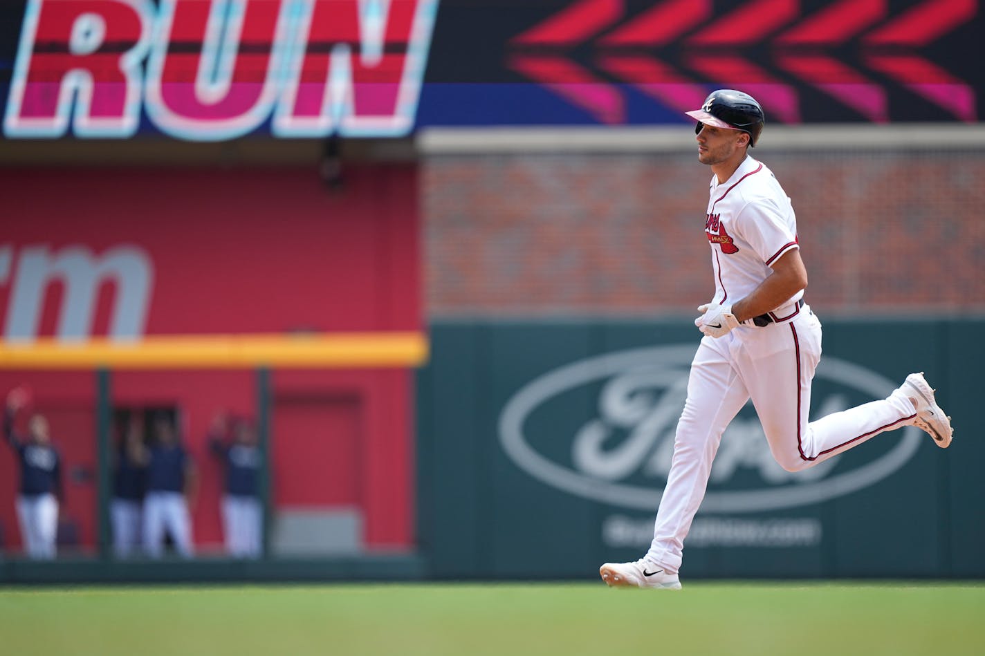 Atlanta Braves' Matt Olson (28) runs the base after hitting a solo home run in the eight inning of a baseball game against the Minnesota Twins, Wednesday, June 28, 2023, in Atlanta. (AP Photo/Brynn Anderson)