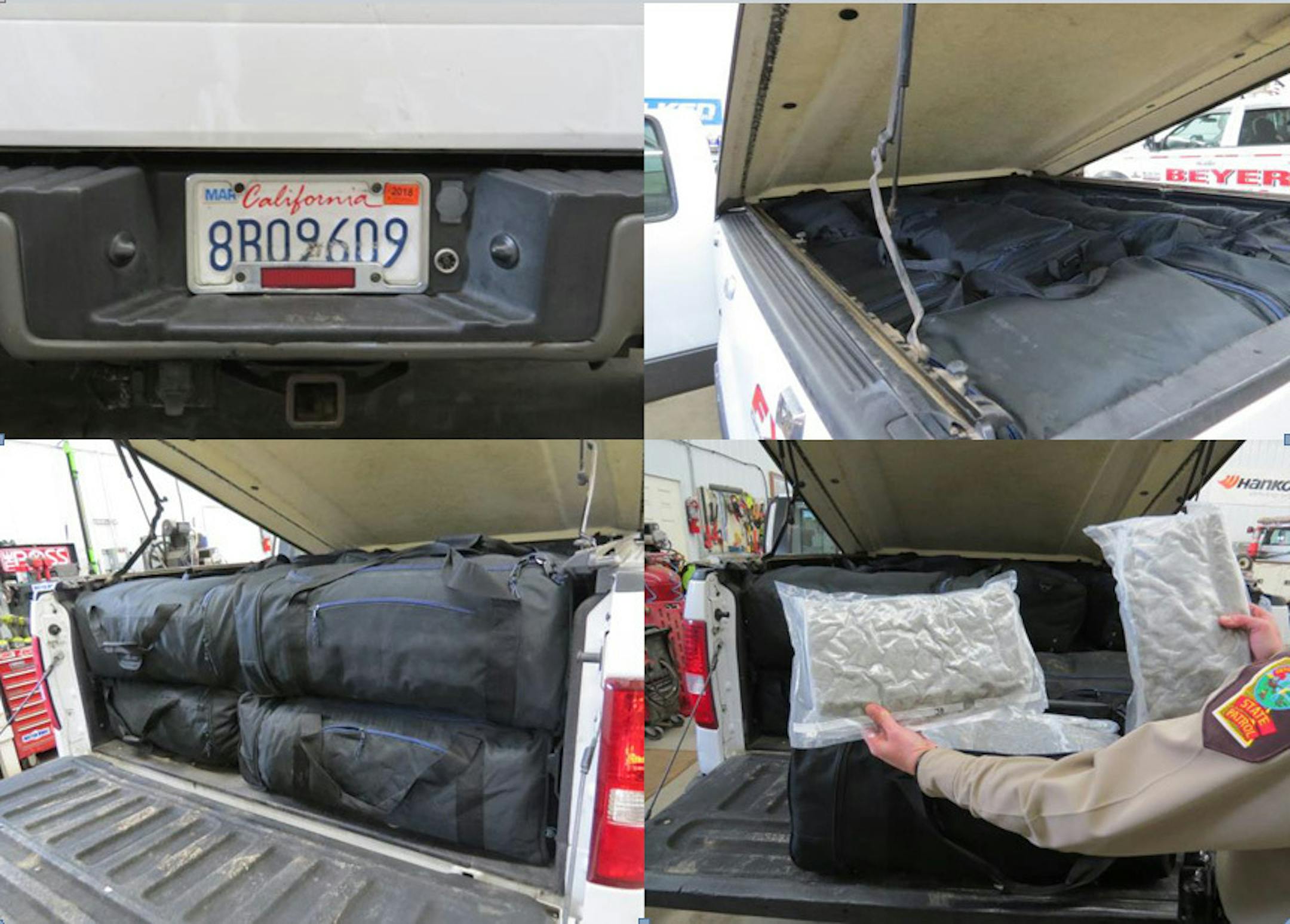 The 570 pounds of marijuana was shrink-wrapped and stacked inside 18 large duffel bags in the bed of pickup truck.