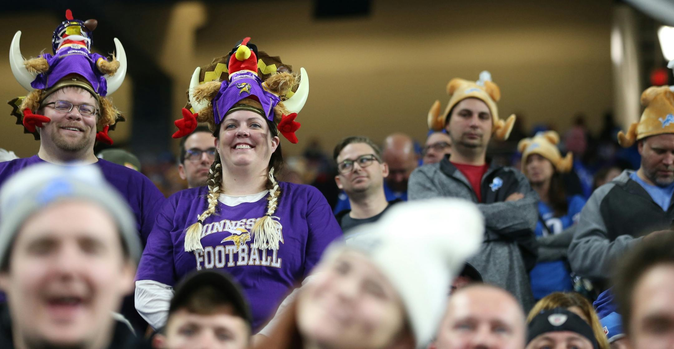 Vikings fans wore there turkey heads with pride at Ford Field Thursday November 23, 2017 in Detroit , MI.