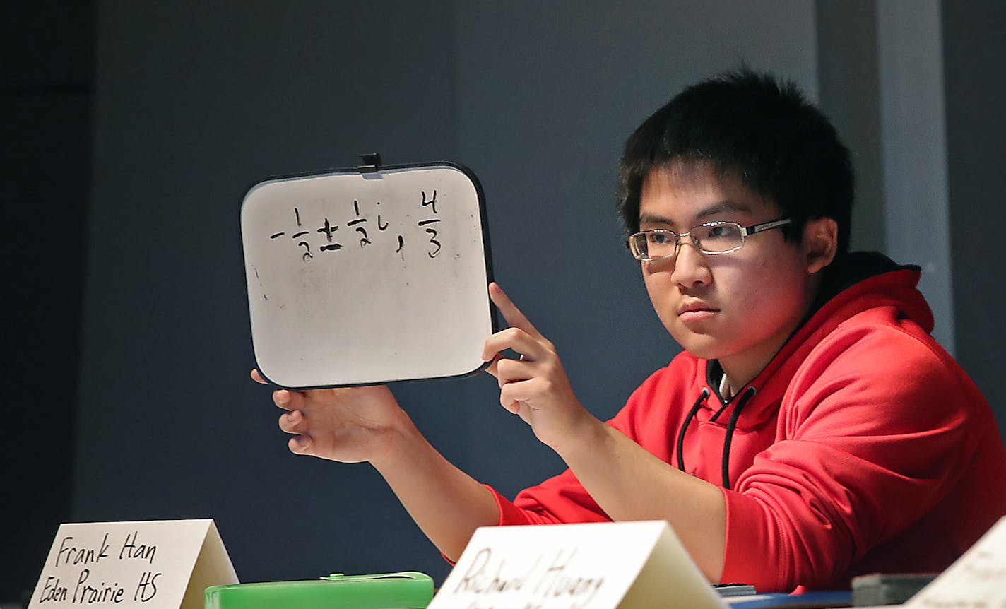 Eden Prairie High School student Frank Han became the new math bowl champion after giving his answer to a math question at the Minnesota State High School Mathematics League Tournament at South St. Paul High School, Monday, March 13, 2017 in South St. Paul, MN. ] ELIZABETH FLORES &#xef; liz.flores@startribune.com