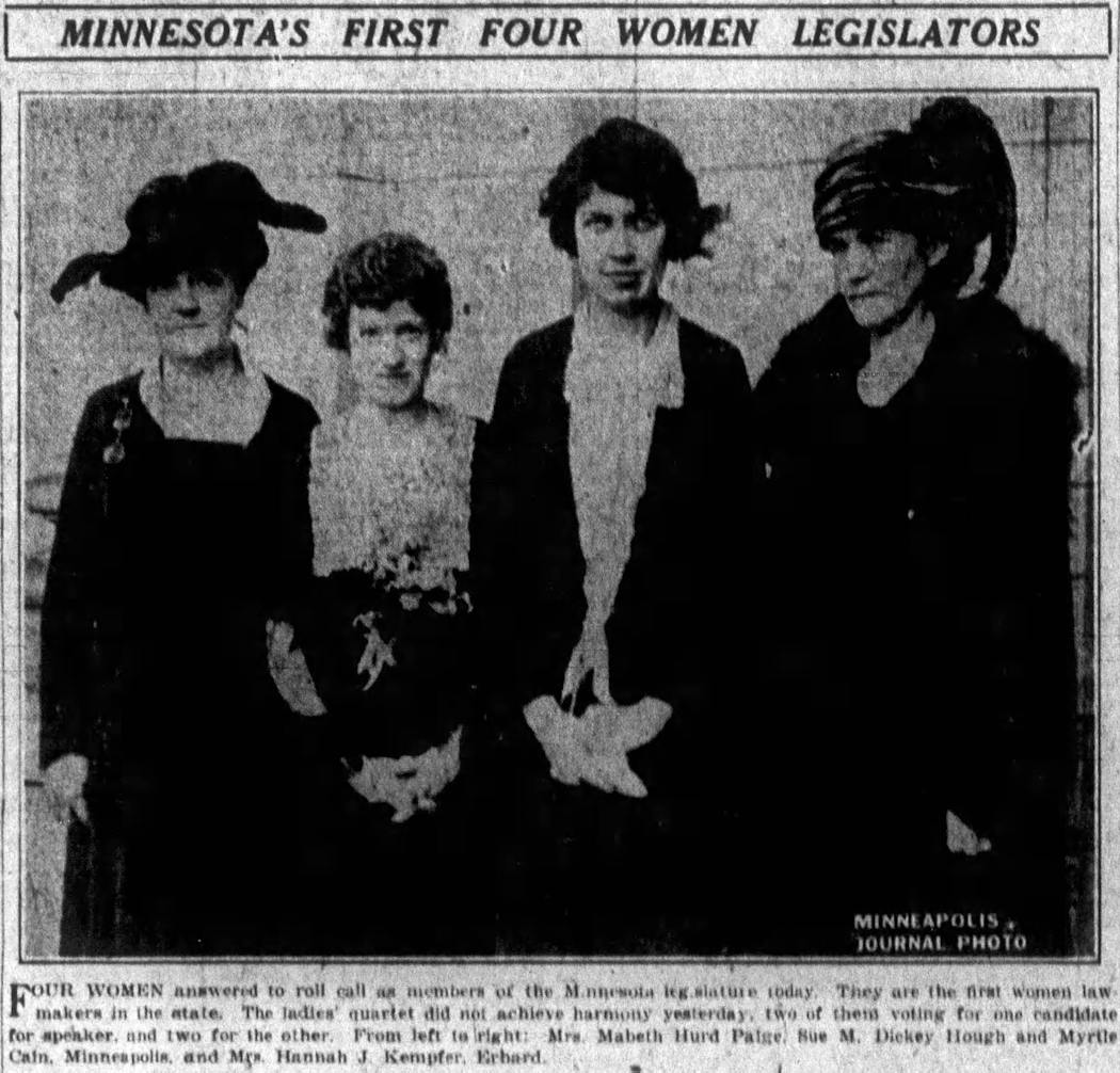 This photo of the first women elected to the Legislature ran in the Minneapolis Journal on Jan. 3, 1923. The original version of the photograph could not be located.