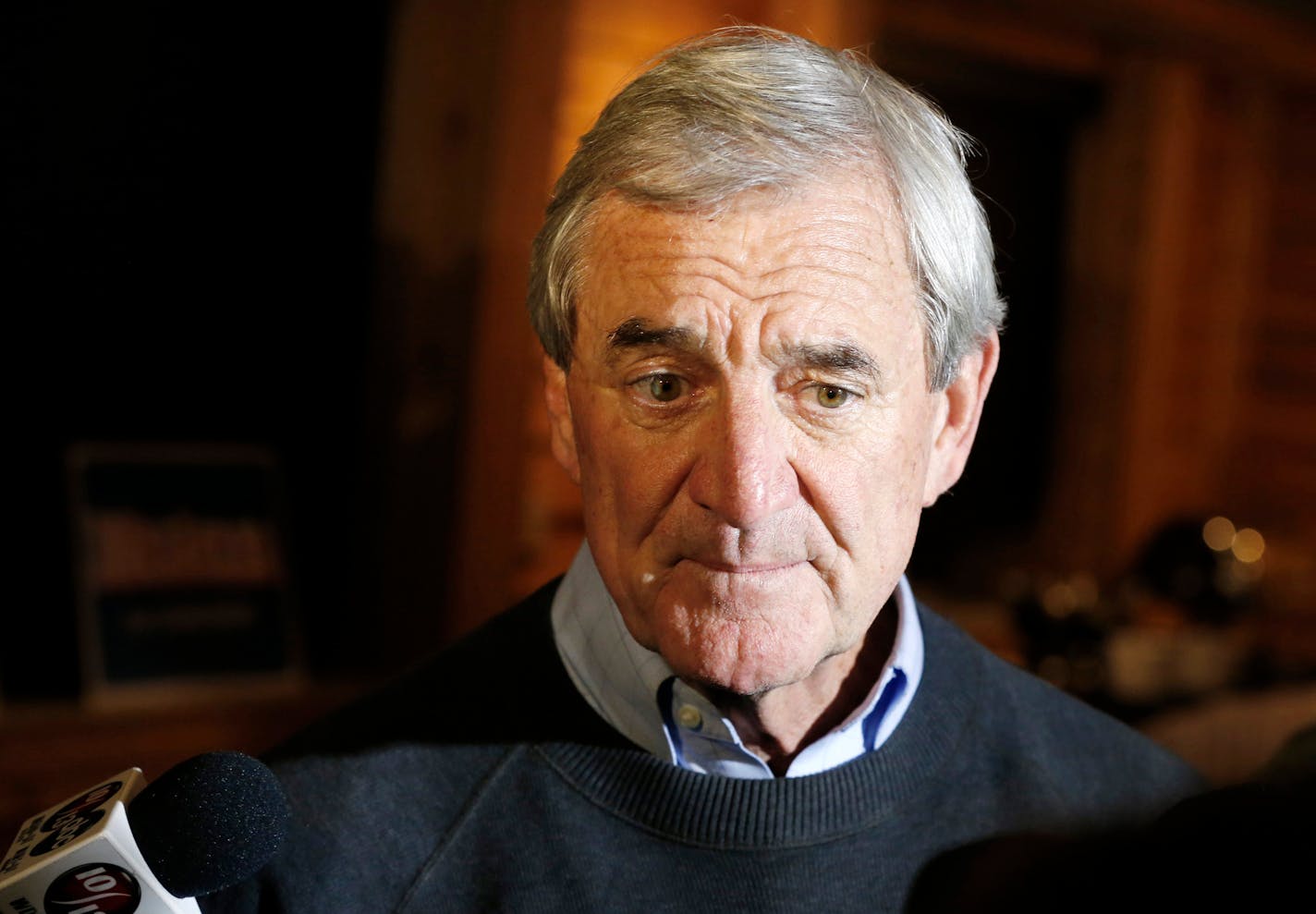 FILE - In this Nov. 9, 2016, file photo, U.S. Rep. Rick Nolan, D-Minn., meets with reporters in Baxter, Minn. Nolan announced Friday, Feb. 9, 2018, he would skip another uphill climb to re-election and retire from his northeastern Minnesota congressional seat. (AP Photo/Jim Mone, File)