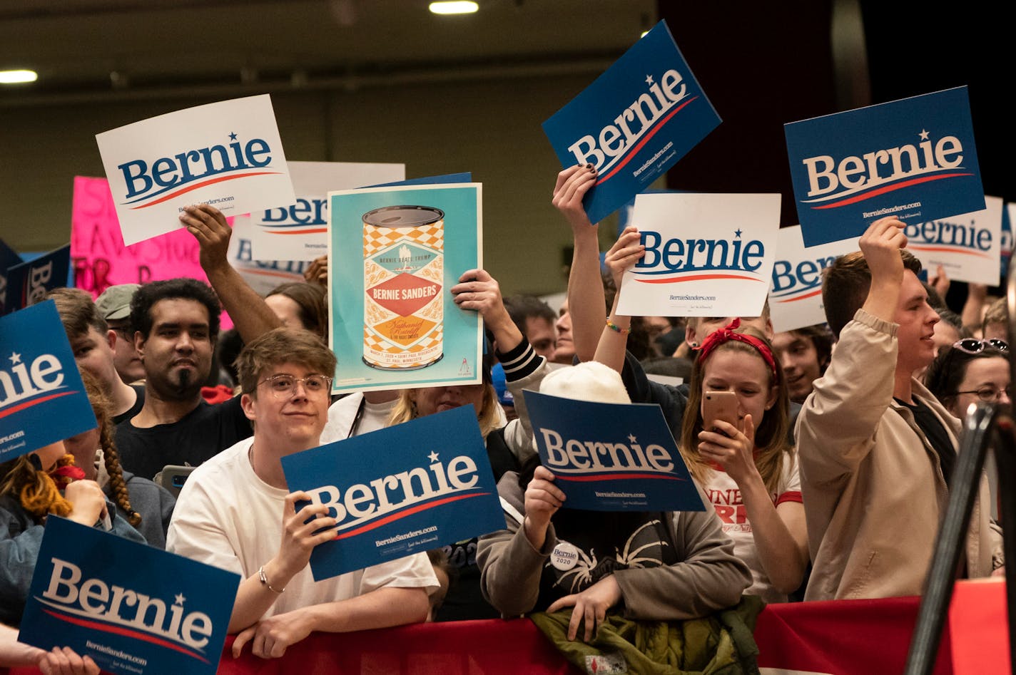 Supporters of Bernie Sanders waited for him to arrive at a rally at Roy Wilkins Auditorium in St. Paul, on Monday, March 2, 2020.