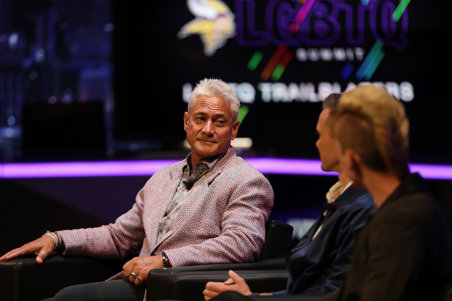 Greg Louganis, Olympic diver and LGBTQ activist, looked to his fellow panelists Chris Mosier, a triathlete and duathlete, and Joanna Lohman, a professional soccer player for the Washington Spirit, during an LGBTQ summit hosted by the Minnesota Vikings Thursday. ] ANTHONY SOUFFLE &#xef; anthony.souffle@startribune.com The Minnesota Vikings hosted a summit focused on the inclusion of LGBTQ athletes in sports, featuring notable names across a variety of sports including Greg Louganis, Chris Kluwe a